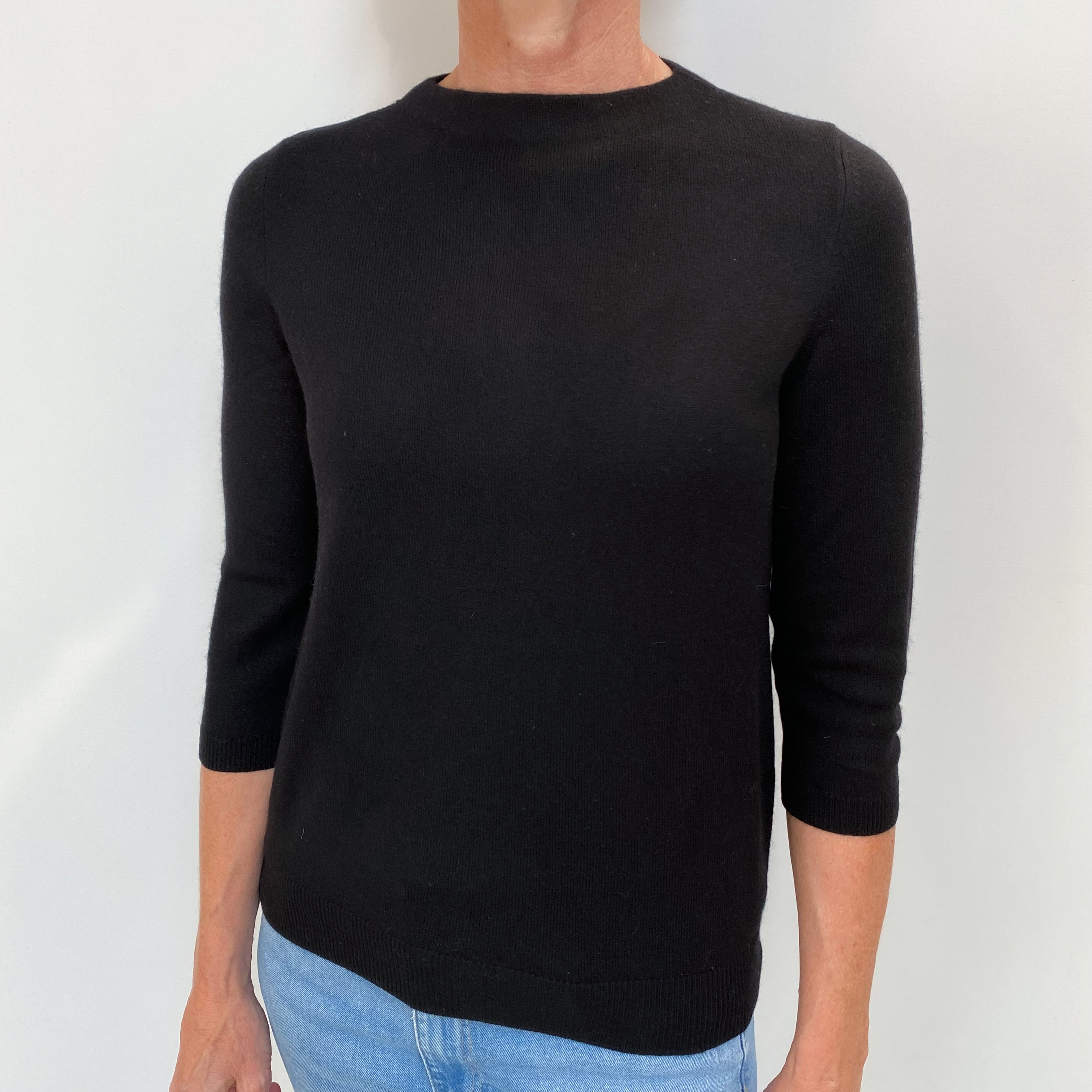 Black Cashmere 3/4 Sleeve Crew Neck Jumper Small