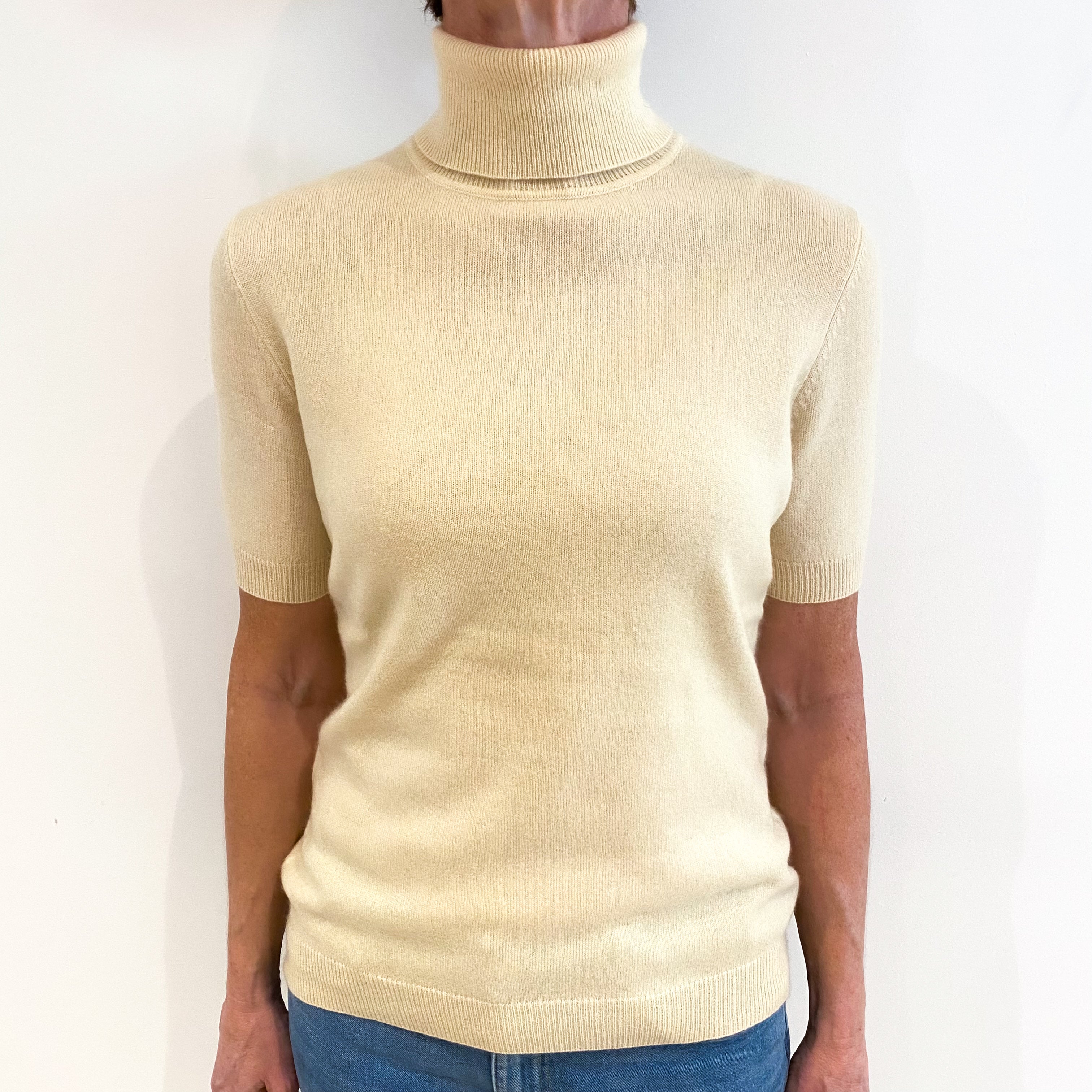 Soft Beige Cashmere Short Sleeve Polo Neck Jumper Small