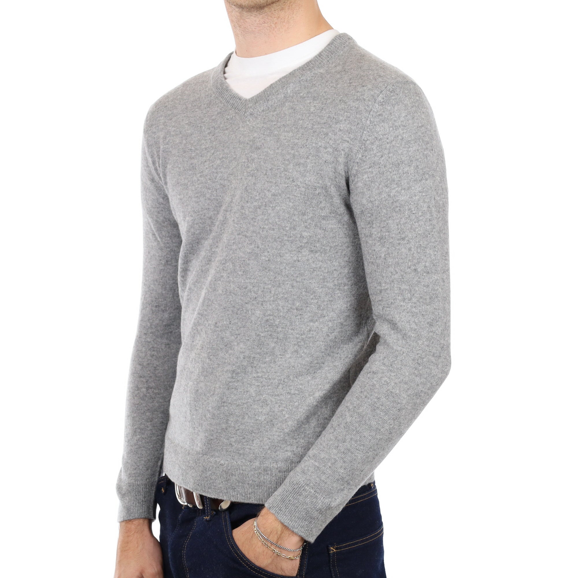 Men's Smoke Grey Cashmere V Neck Jumper Medium