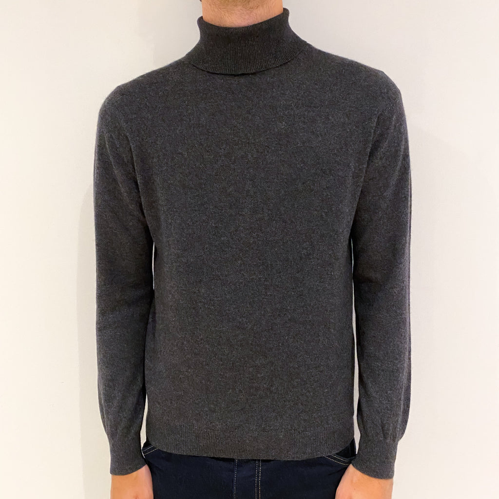 Men's Charcoal Grey Cashmere Polo Neck Jumper Medium