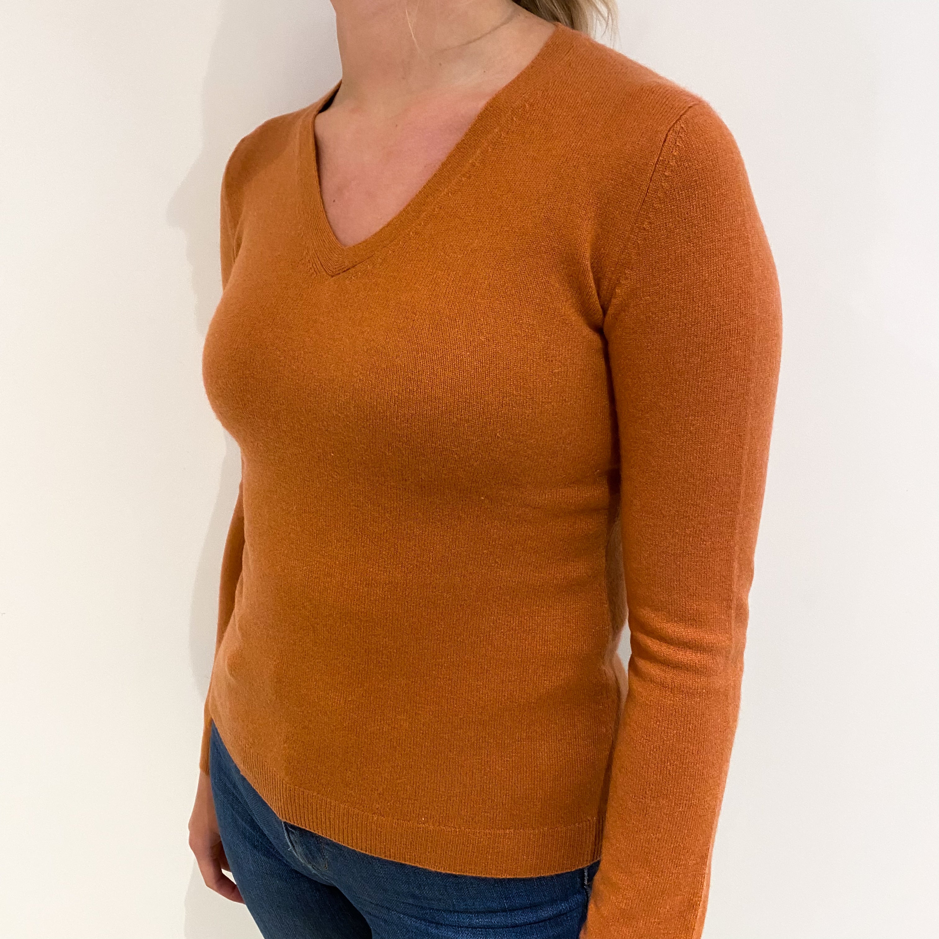 Terracotta Brown Cashmere V Neck Jumper Small