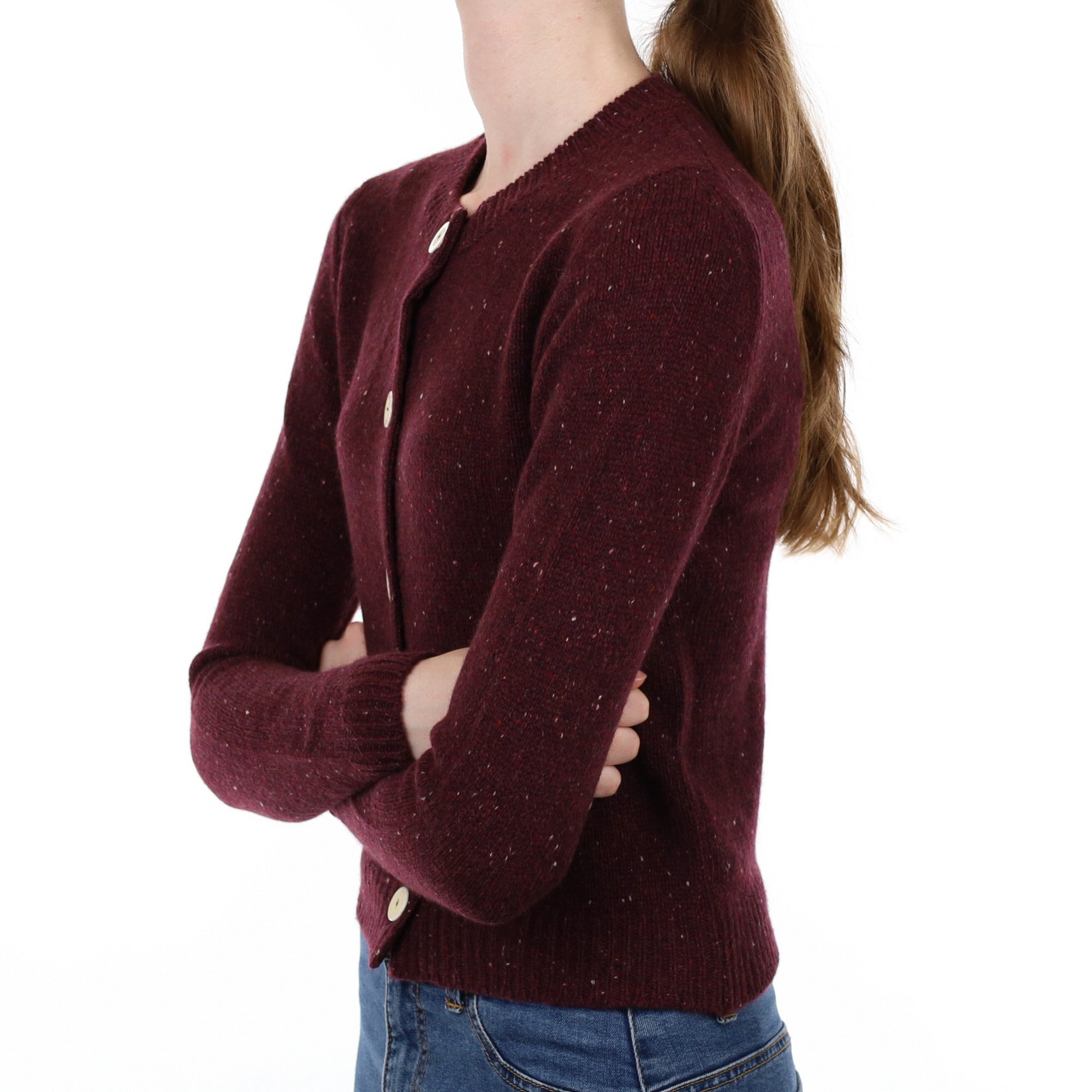 Aubergine Purple Flecked Cashmere Crew Neck Cardigan Extra Small