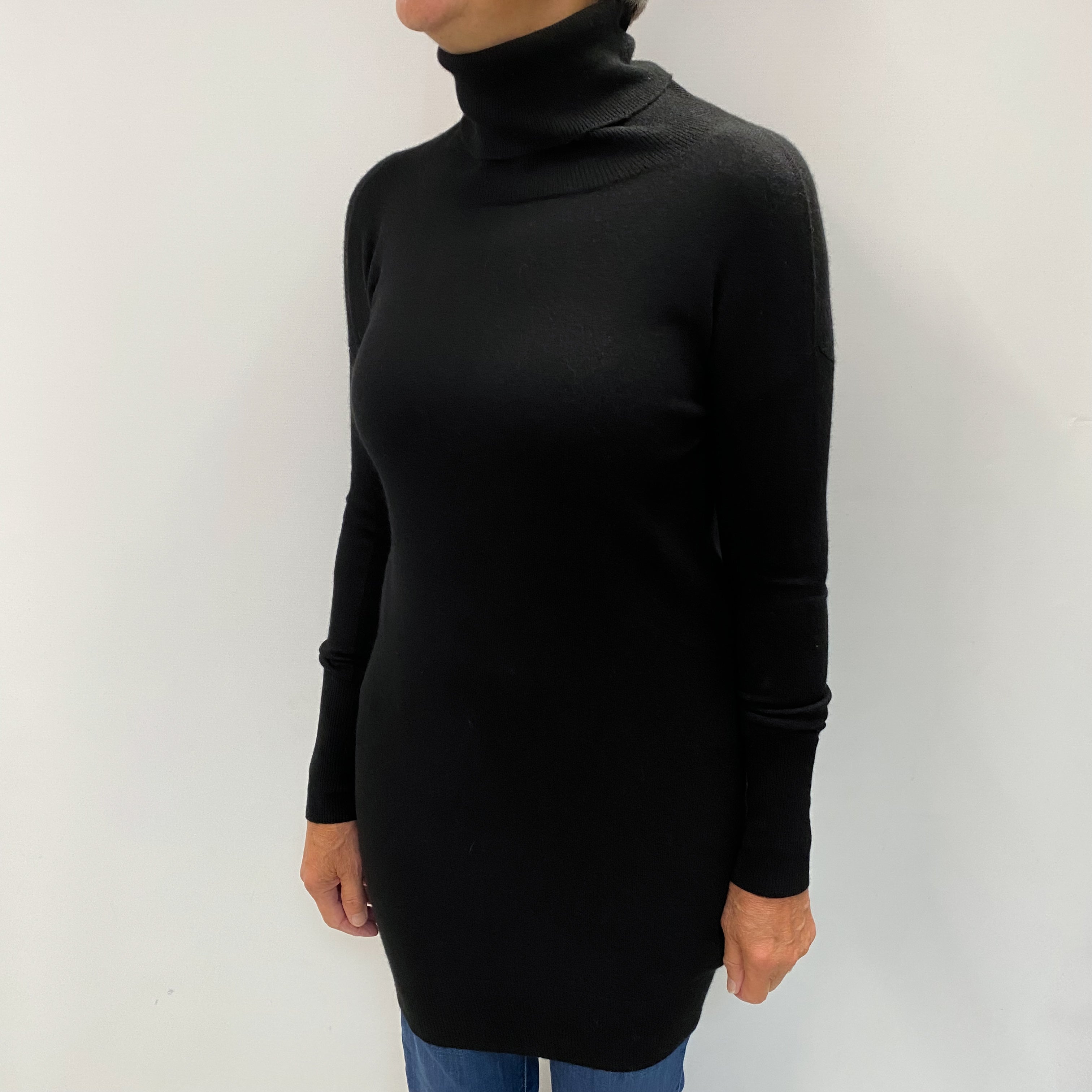 Black Cashmere Polo Neck Longline Jumper Medium