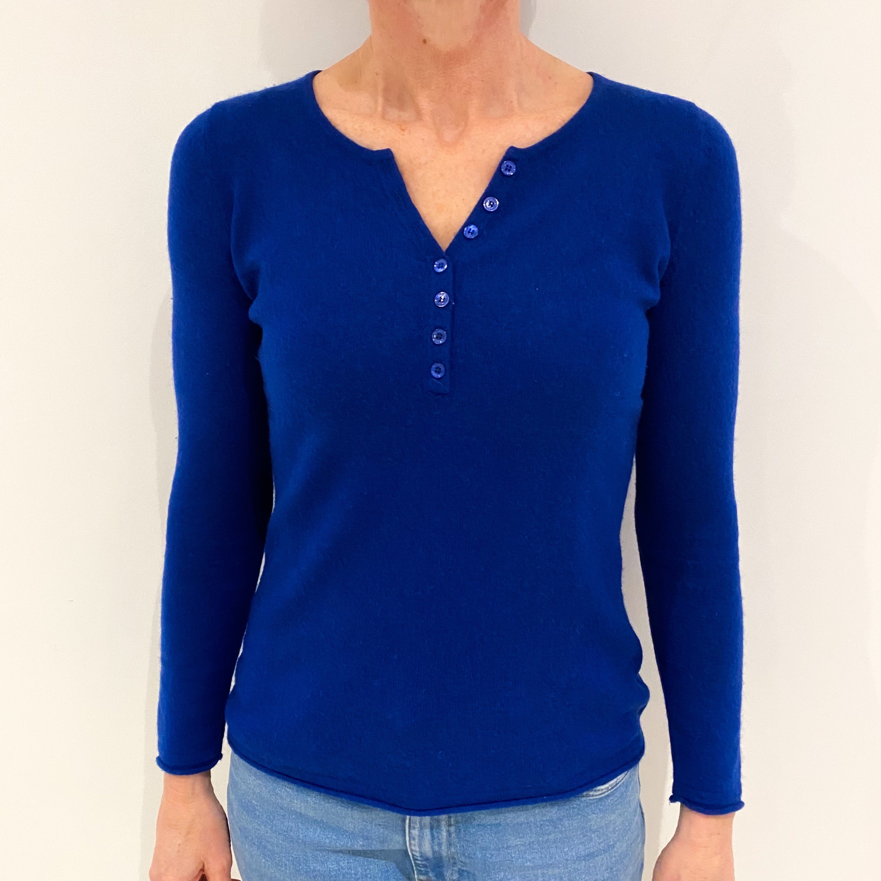 Admiral Blue Cashmere Buttoned V Neck Jumper Small