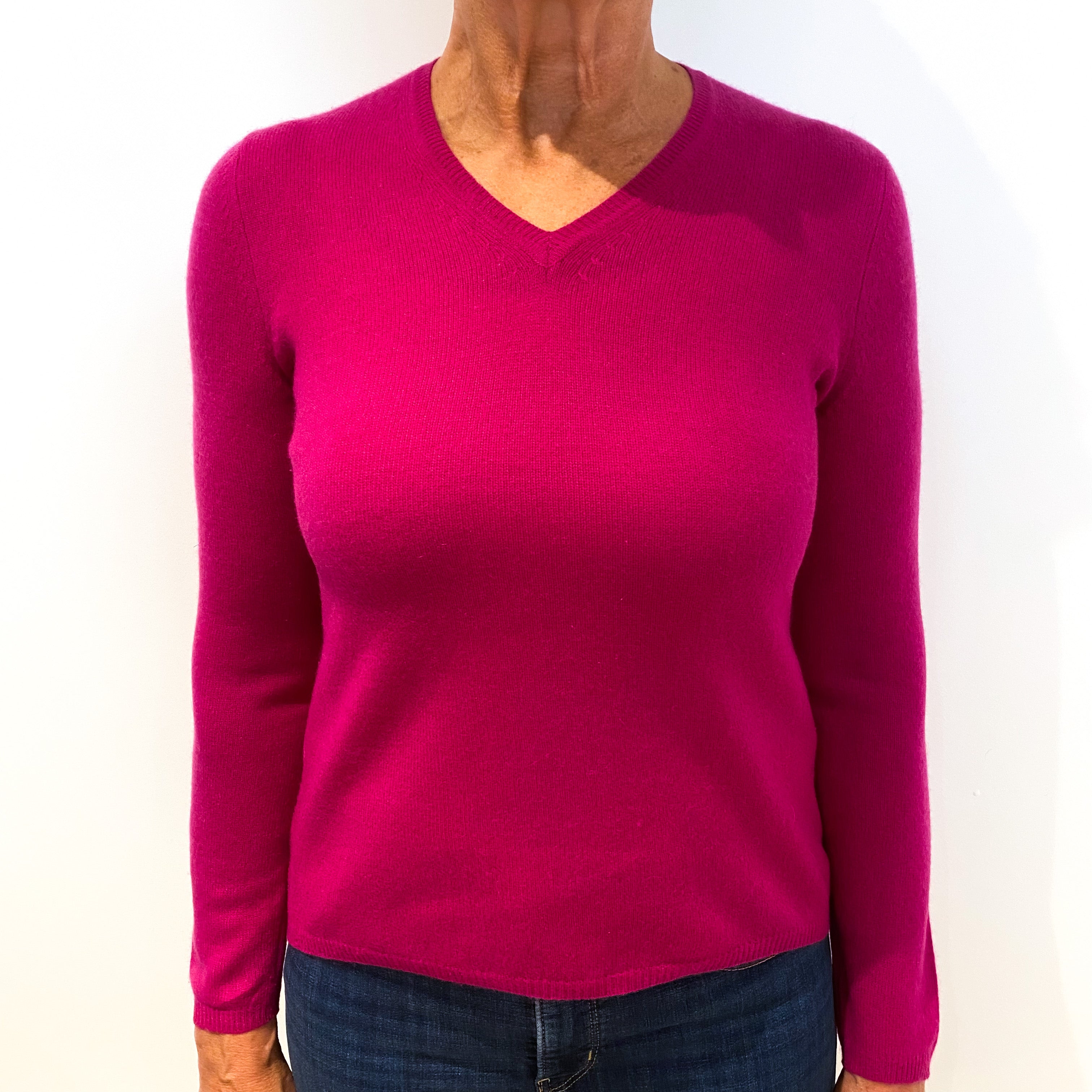 Magenta Pink Cashmere V-Neck Jumper Medium