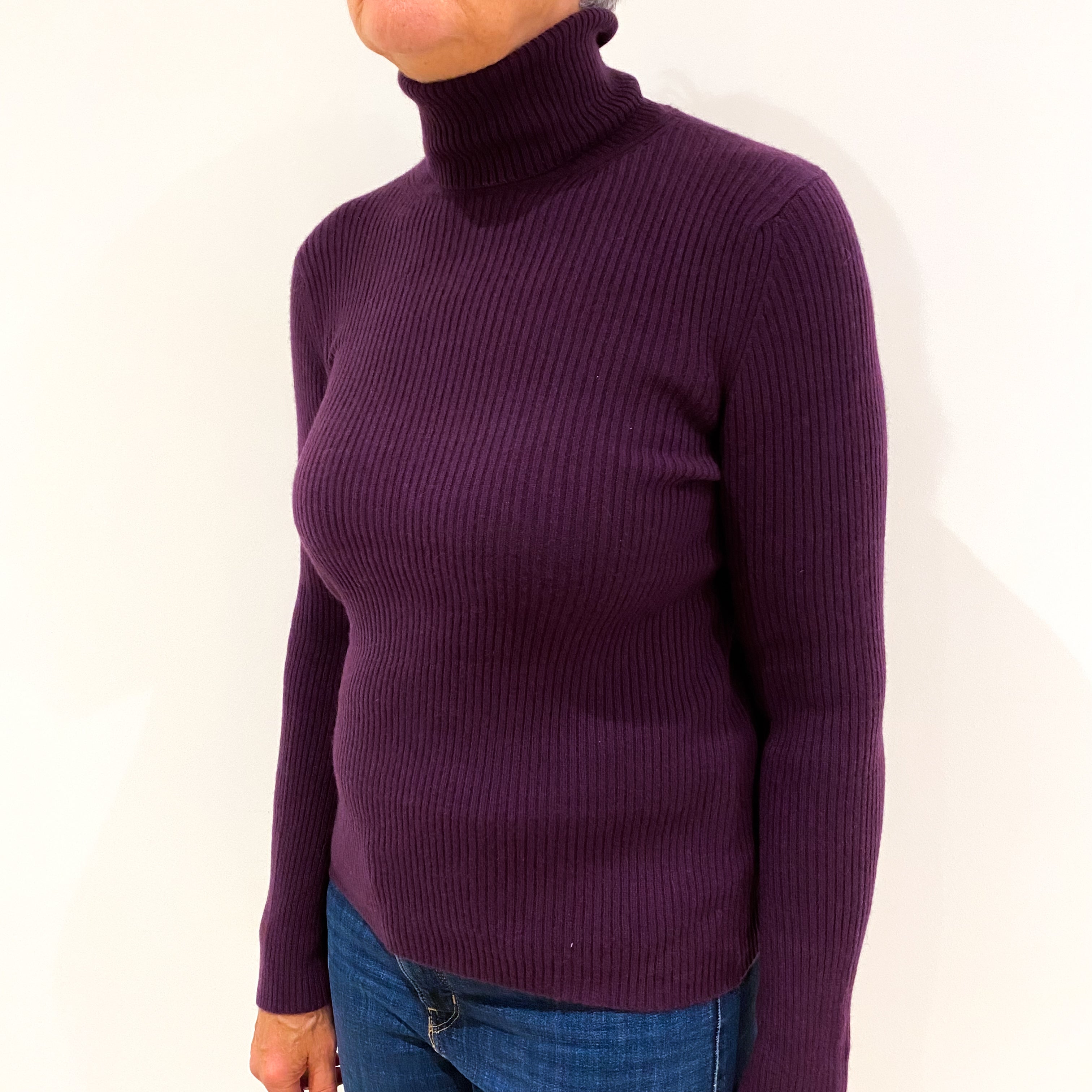 Grape Purple Cashmere Polo Neck Jumper Medium