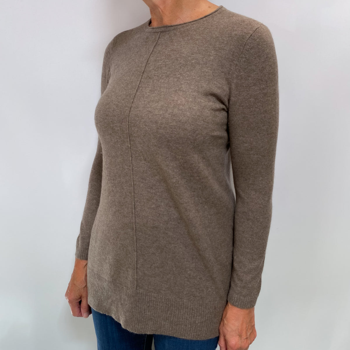 Mocha Brown Cashmere Crew Neck Tunic Style Jumper Medium