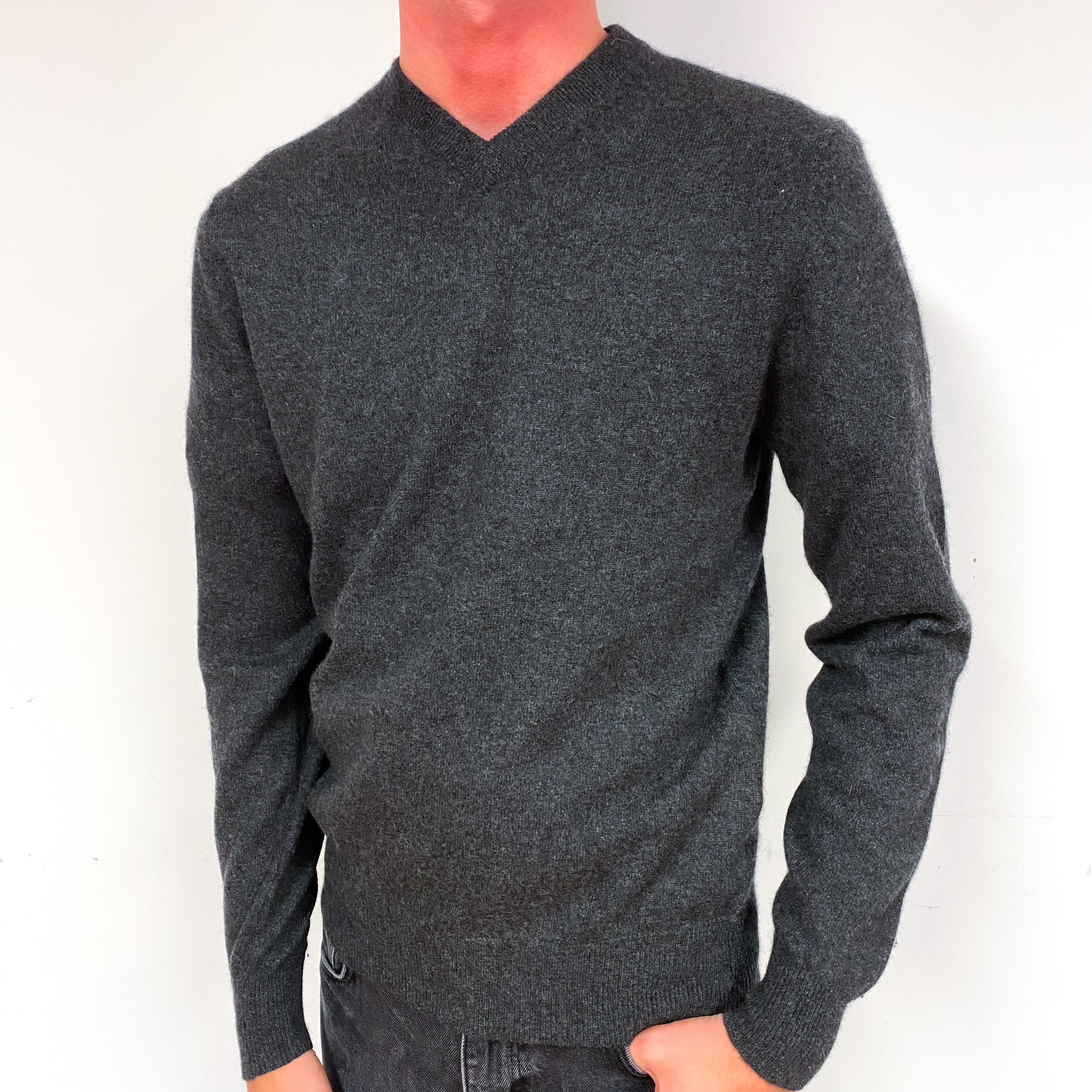 Men's Dark Slate Grey Cashmere V-Neck Jumper Small