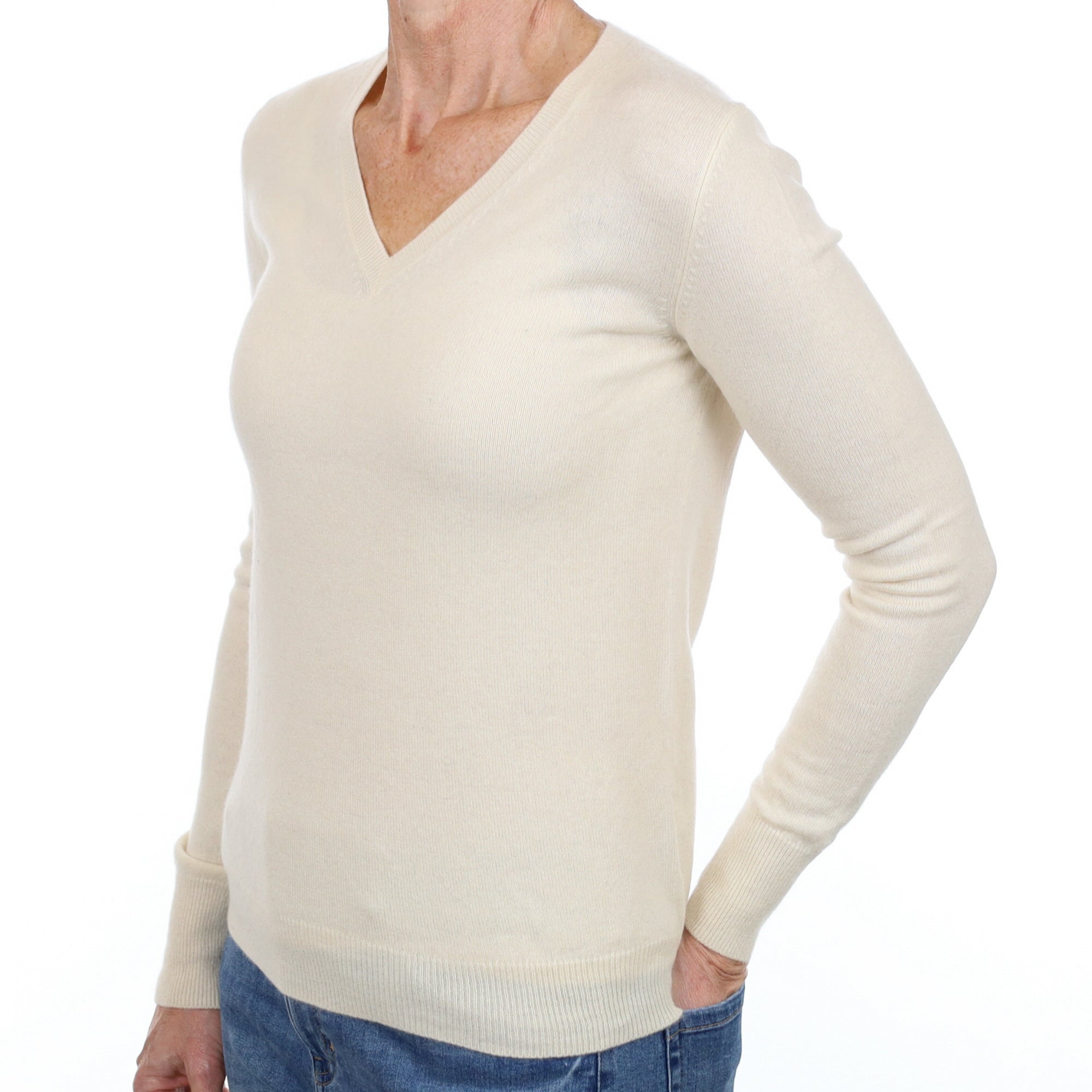 Vanilla Cream Cashmere V Neck Jumper Small