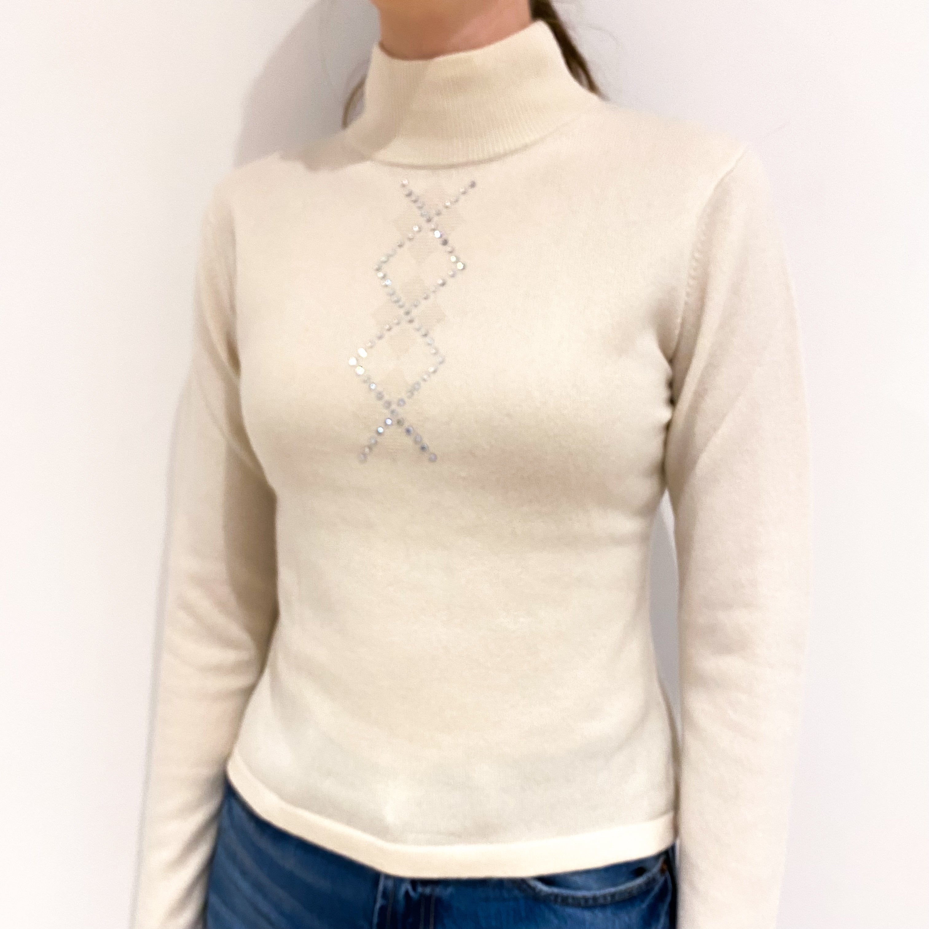 Cream Diamond Patterned Cashmere Turtle Neck Jumper Extra Small