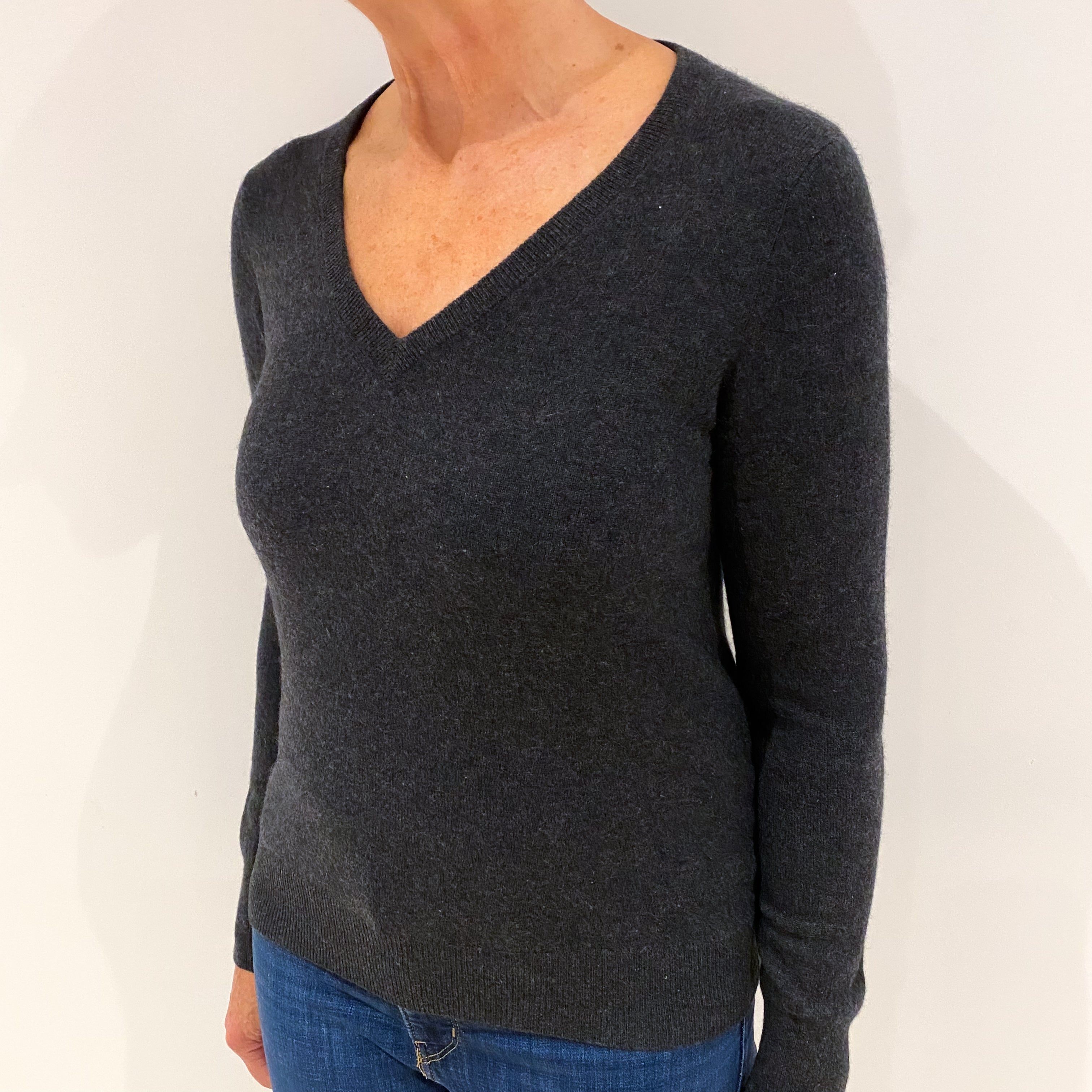 Charcoal Grey Cashmere V Neck Jumper Medium