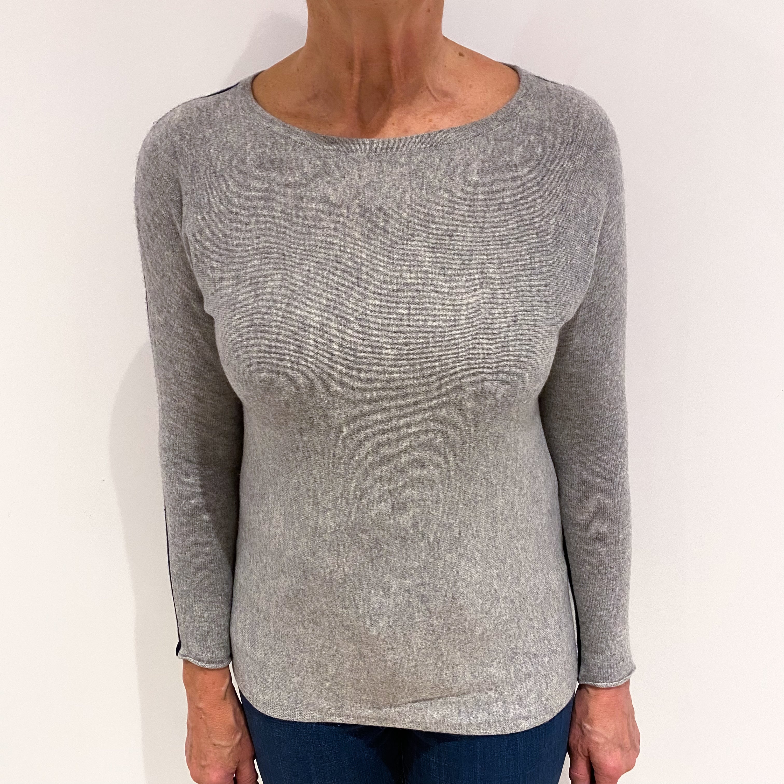 Steel Grey and Navy Cashmere Batwing Crew Neck Jumper Medium