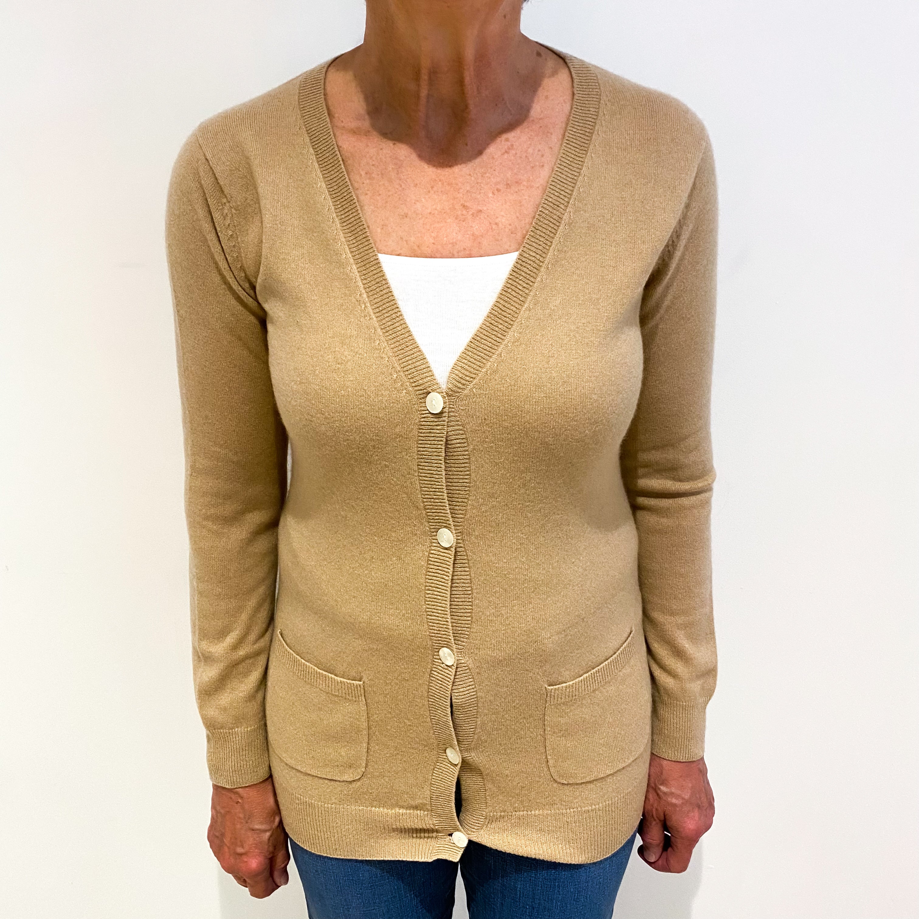 Caramel Brown Cashmere V Neck Cardigan Medium