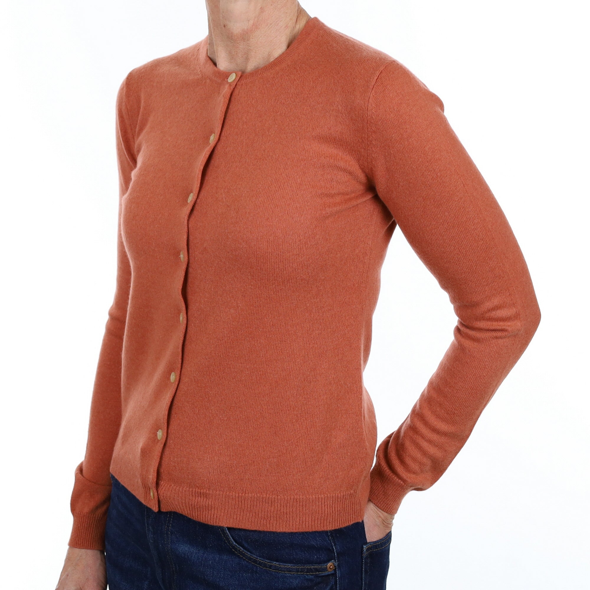Terracotta Orange Cashmere Crew Neck Cardigan Small