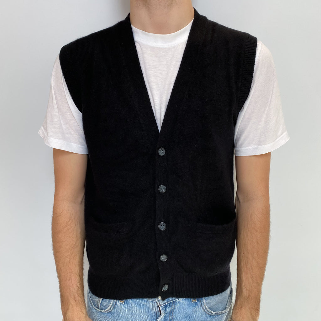 Men's Black Cashmere V Neck Sleeveless Cardigan with Pockets Large