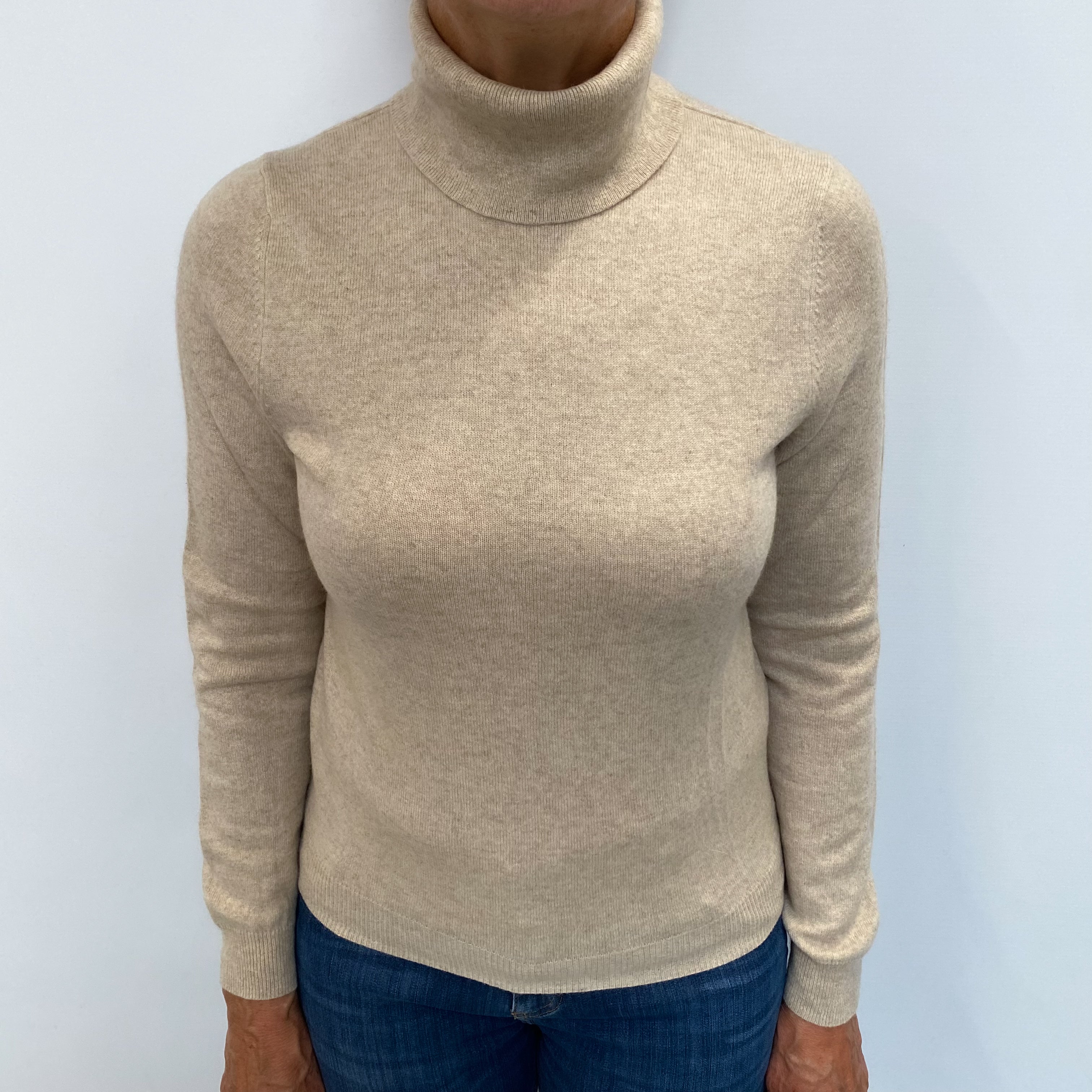 Oatmeal Beige Cashmere Polo Neck Jumper Medium