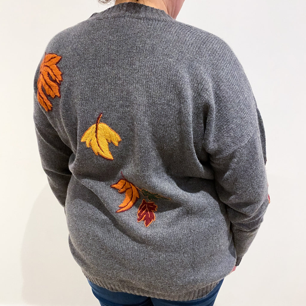 Slate Grey Leaf Design Cashmere Crew Neck Jumper Extra Large