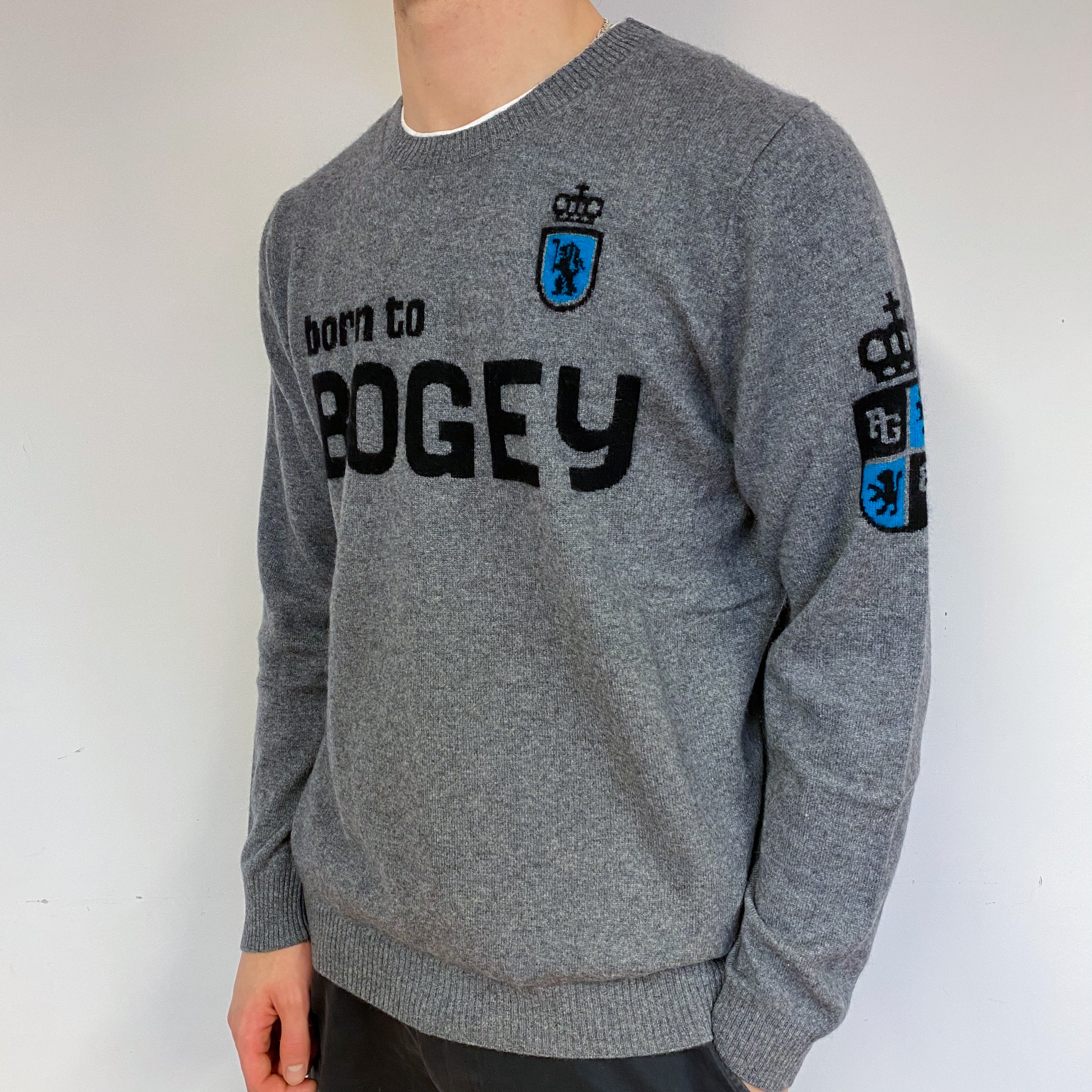 Men's Steel Grey Cashmere Crew Neck Golf Jumper Large