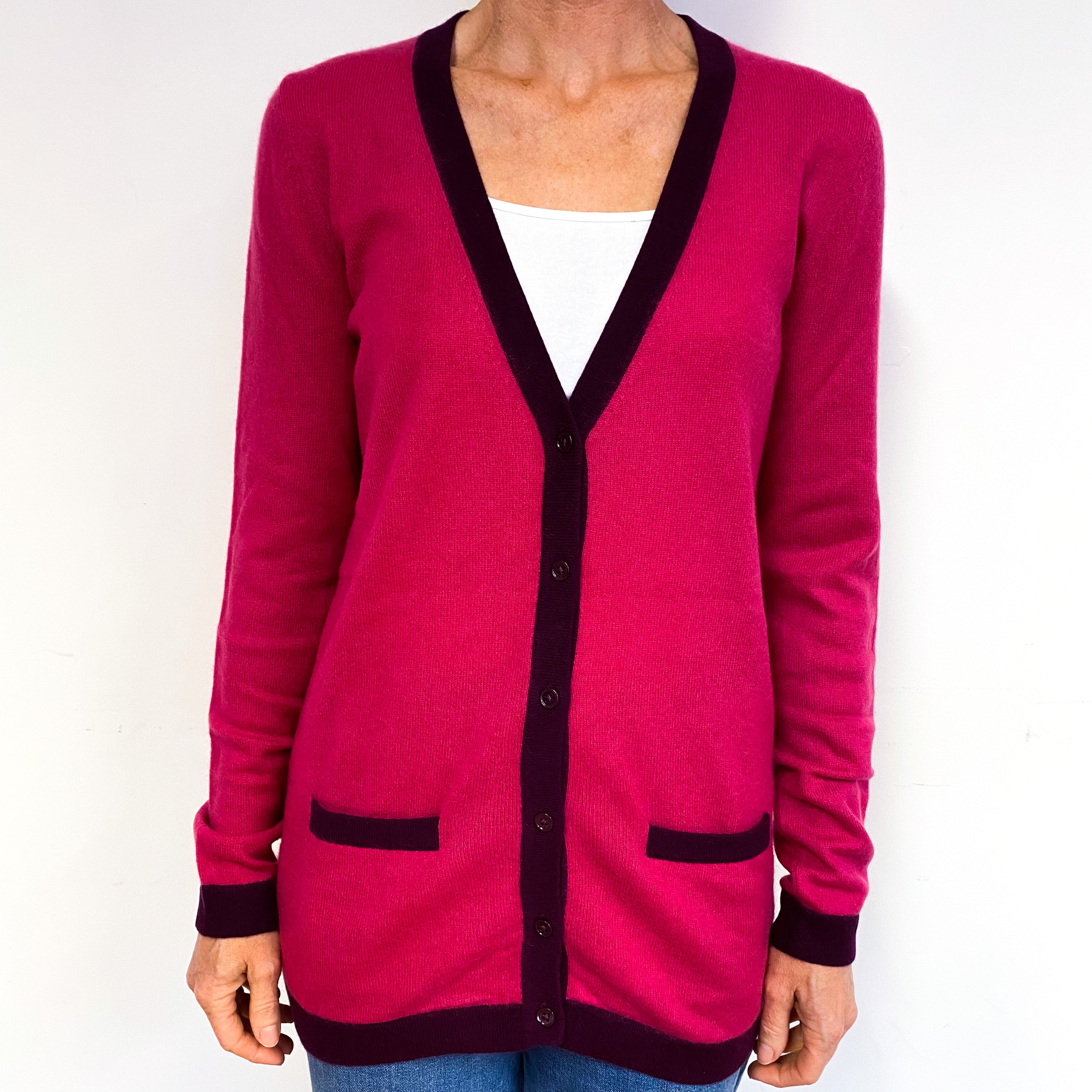 Fuchsia Pink Purple Trim Cashmere V-Neck Cardigan Medium