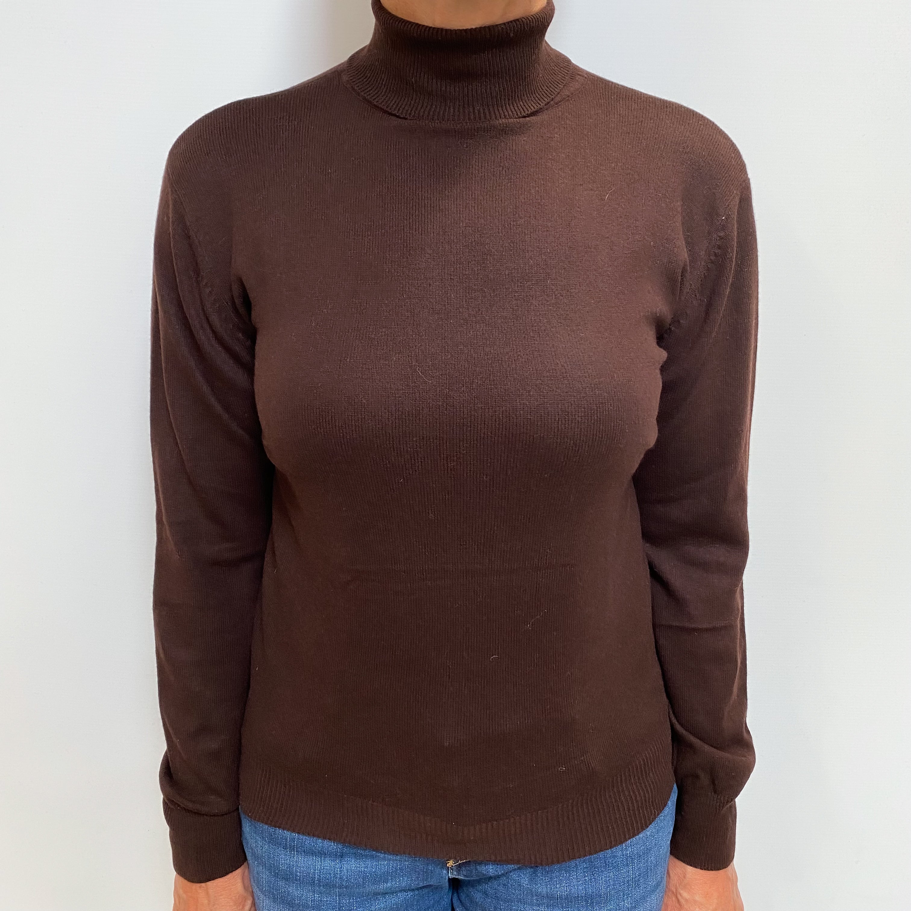 Dark Chocolate Brown Cashmere Polo Neck Jumper Medium