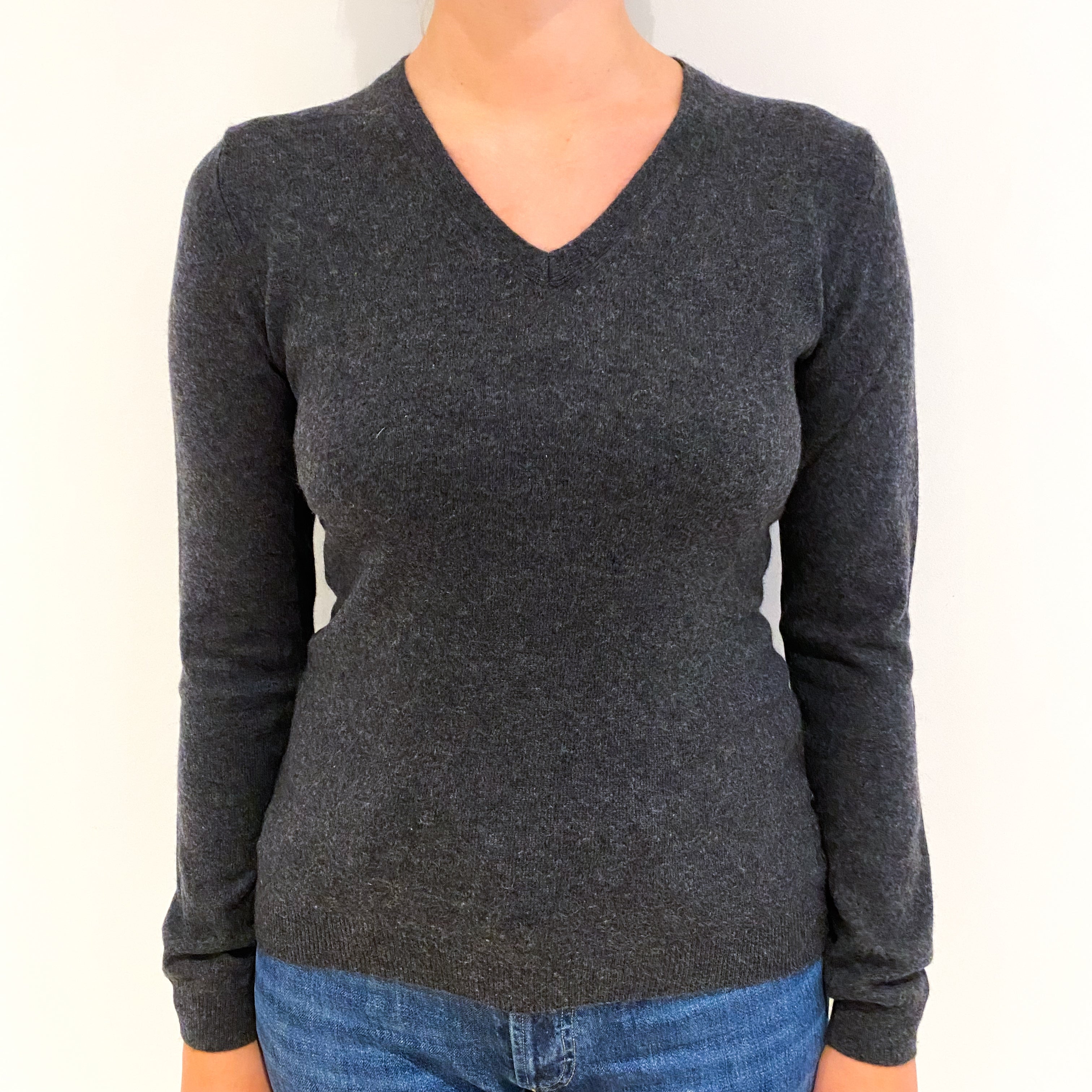 Charcoal Grey Cashmere V-Neck Jumper Small