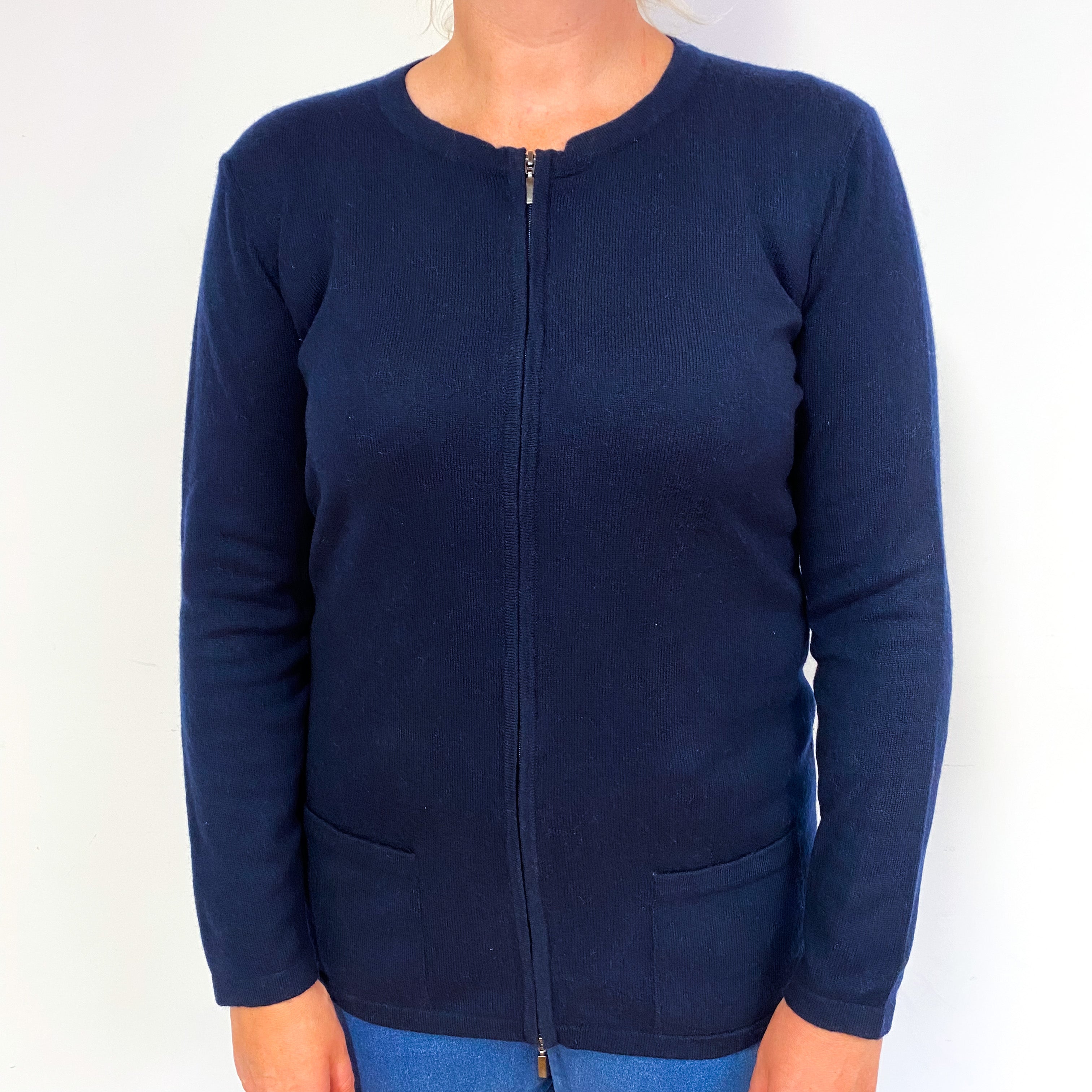Dark Navy Cashmere Zip Front Cardigan with Pockets Large