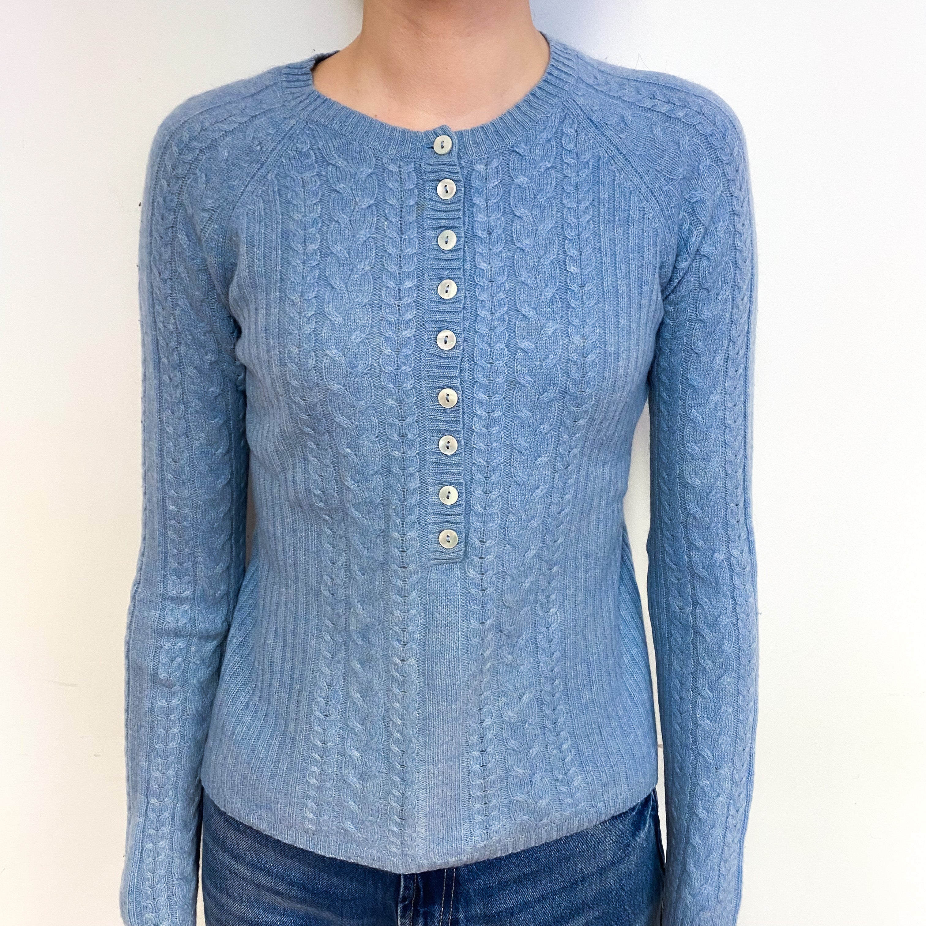 Pale Blue Cable Cashmere Crew Neck Jumper Extra Small