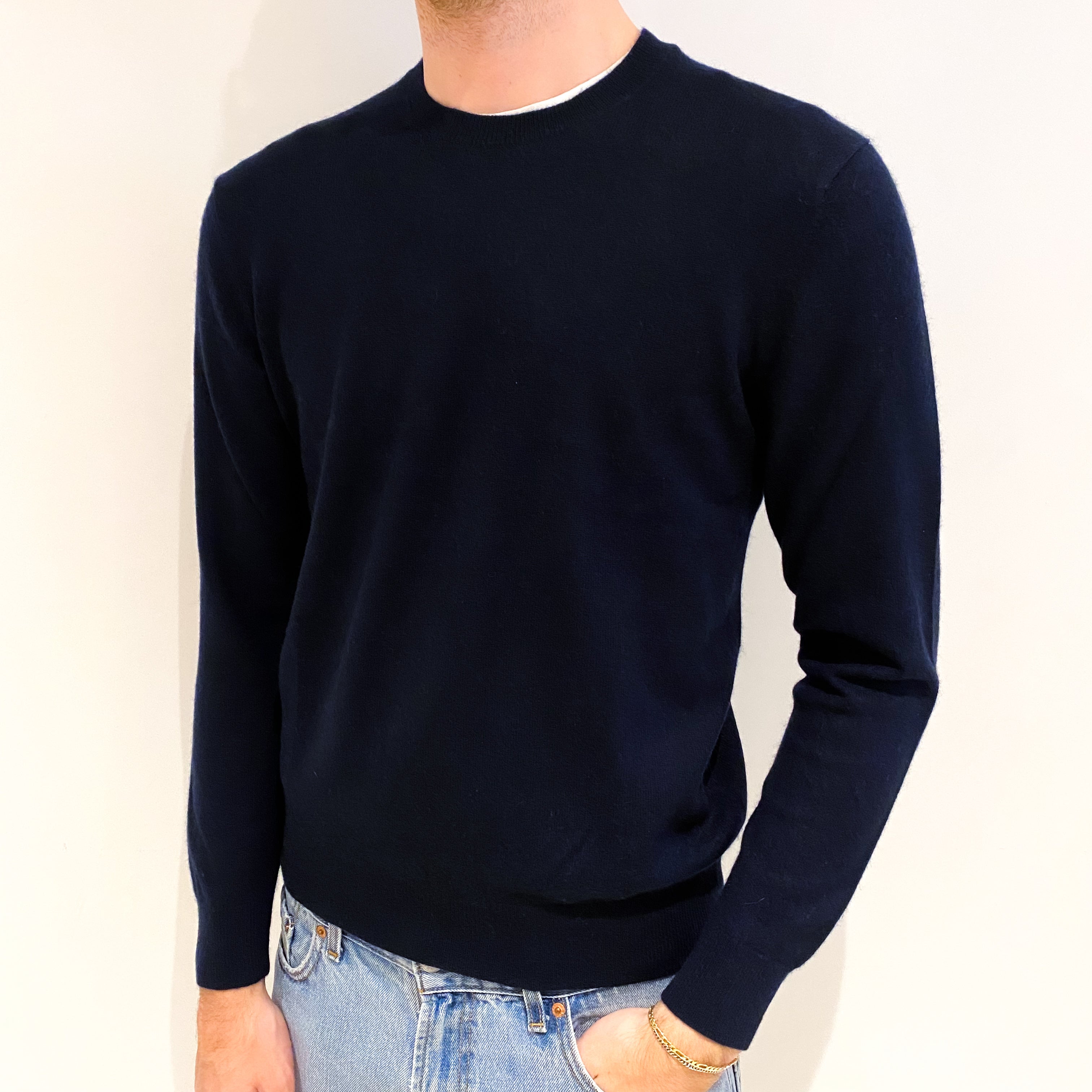 Men's Navy Blue Cashmere Crew Neck Jumper Medium