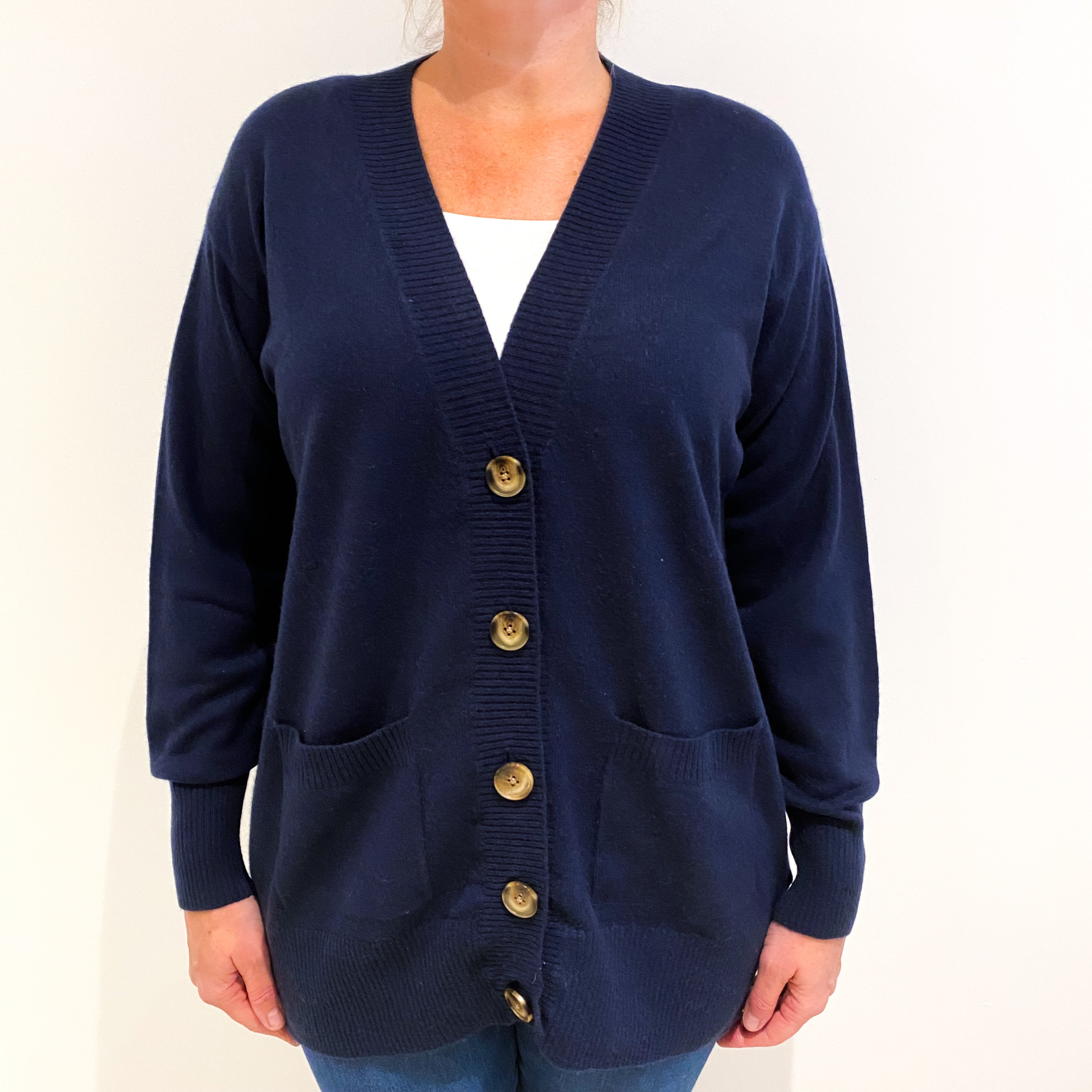 Navy Blue Cashmere V-Neck Cardigan Large
