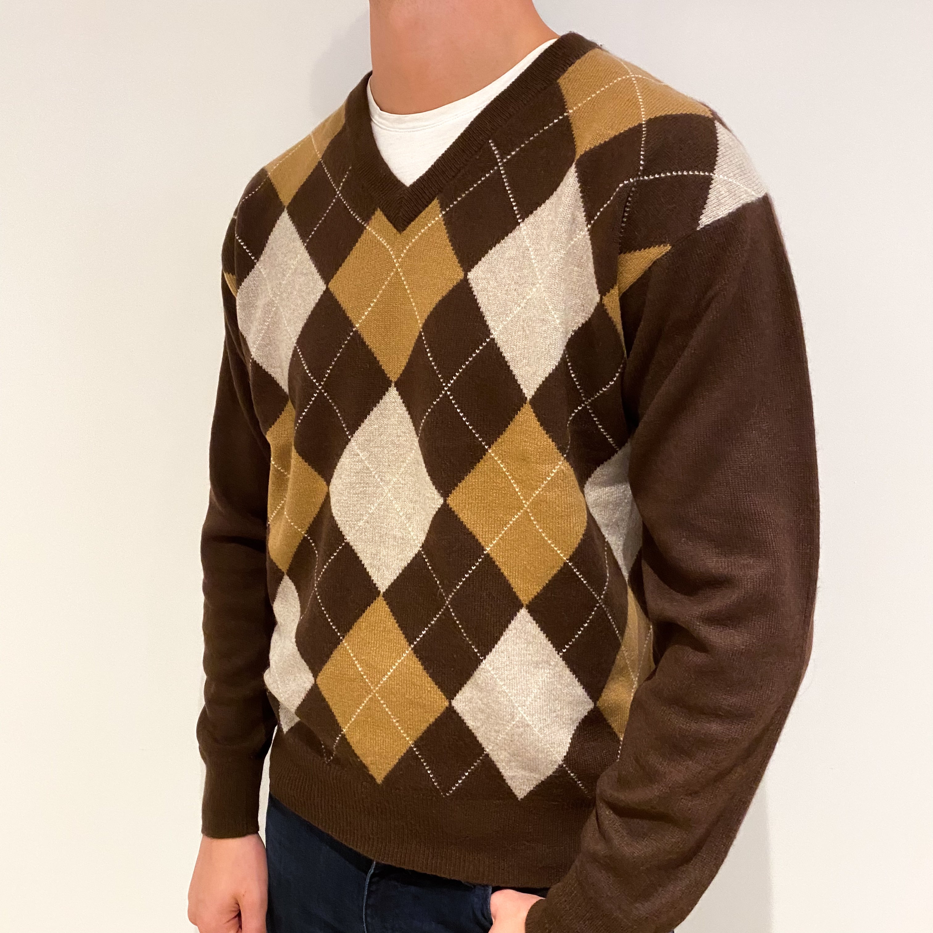 Men's Brown Diamond Cashmere V-Neck Jumper Extra Large