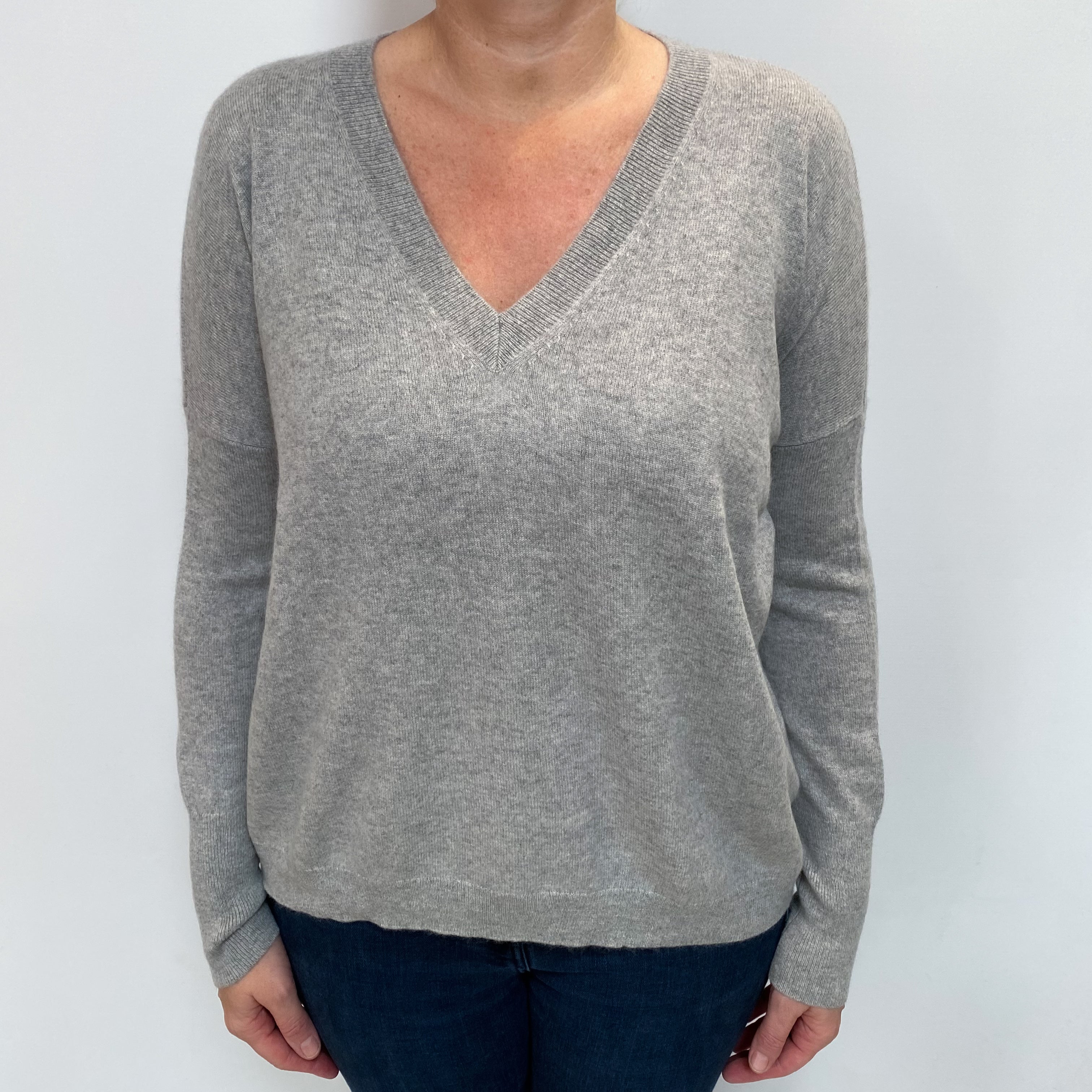 Smoke Grey Cashmere V Neck Jumper Large