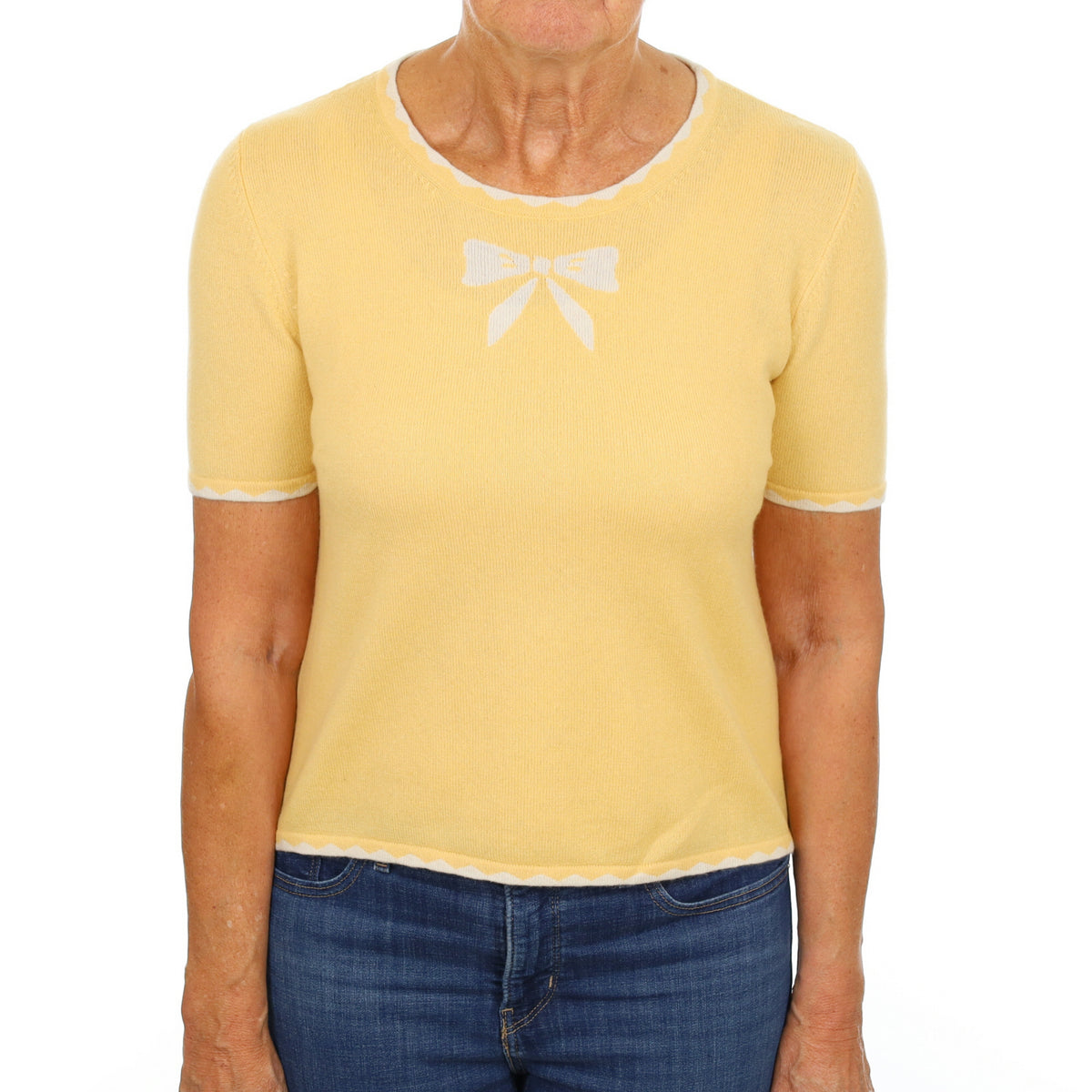 Custard Yellow Cashmere Crew Neck Short Sleeved Jumper Medium