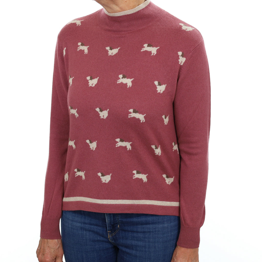 Dusky Rose Dog Patterned Cashmere Polo Neck Jumper Medium