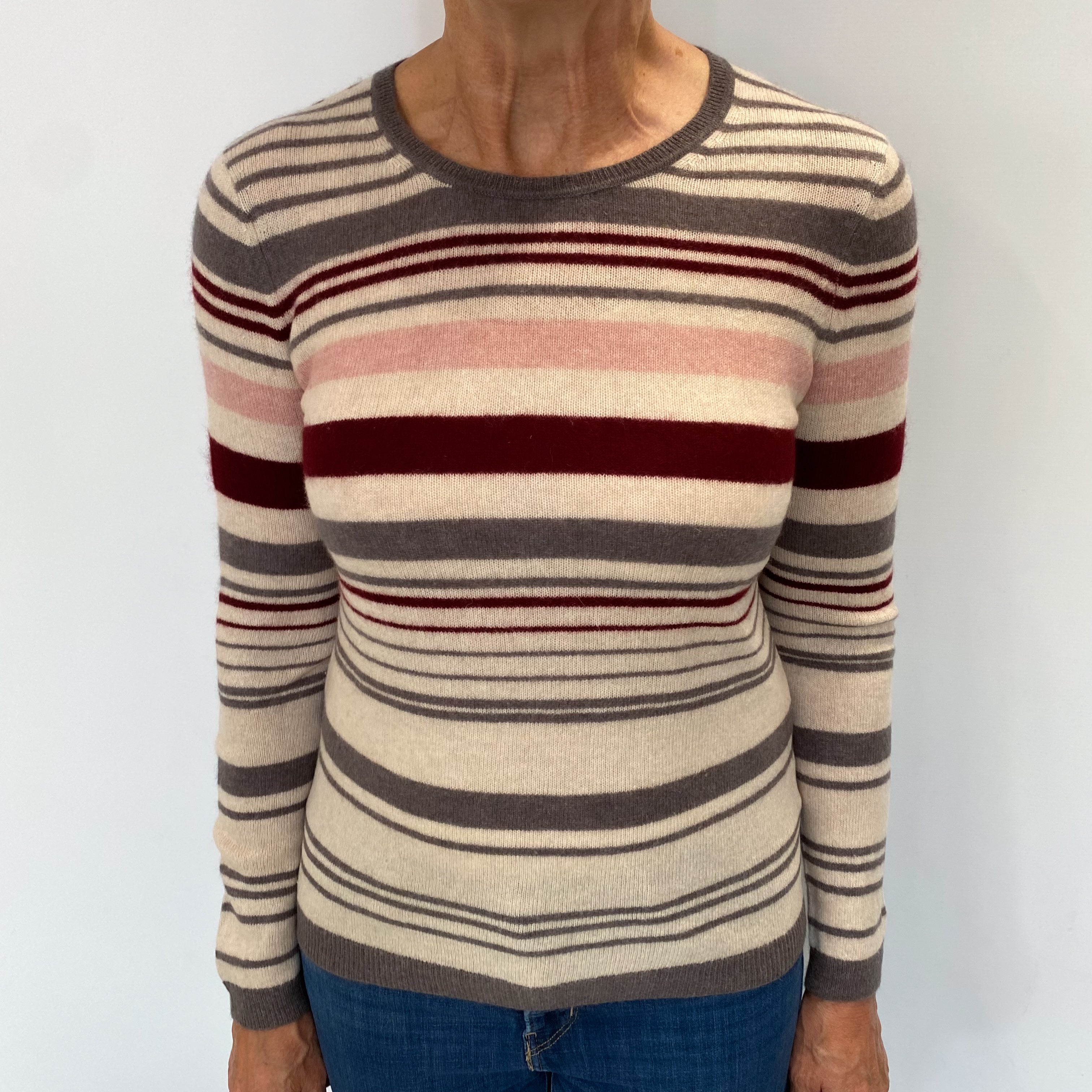 Mocha and Mulberry Striped Cashmere Crew Neck Jumper Medium