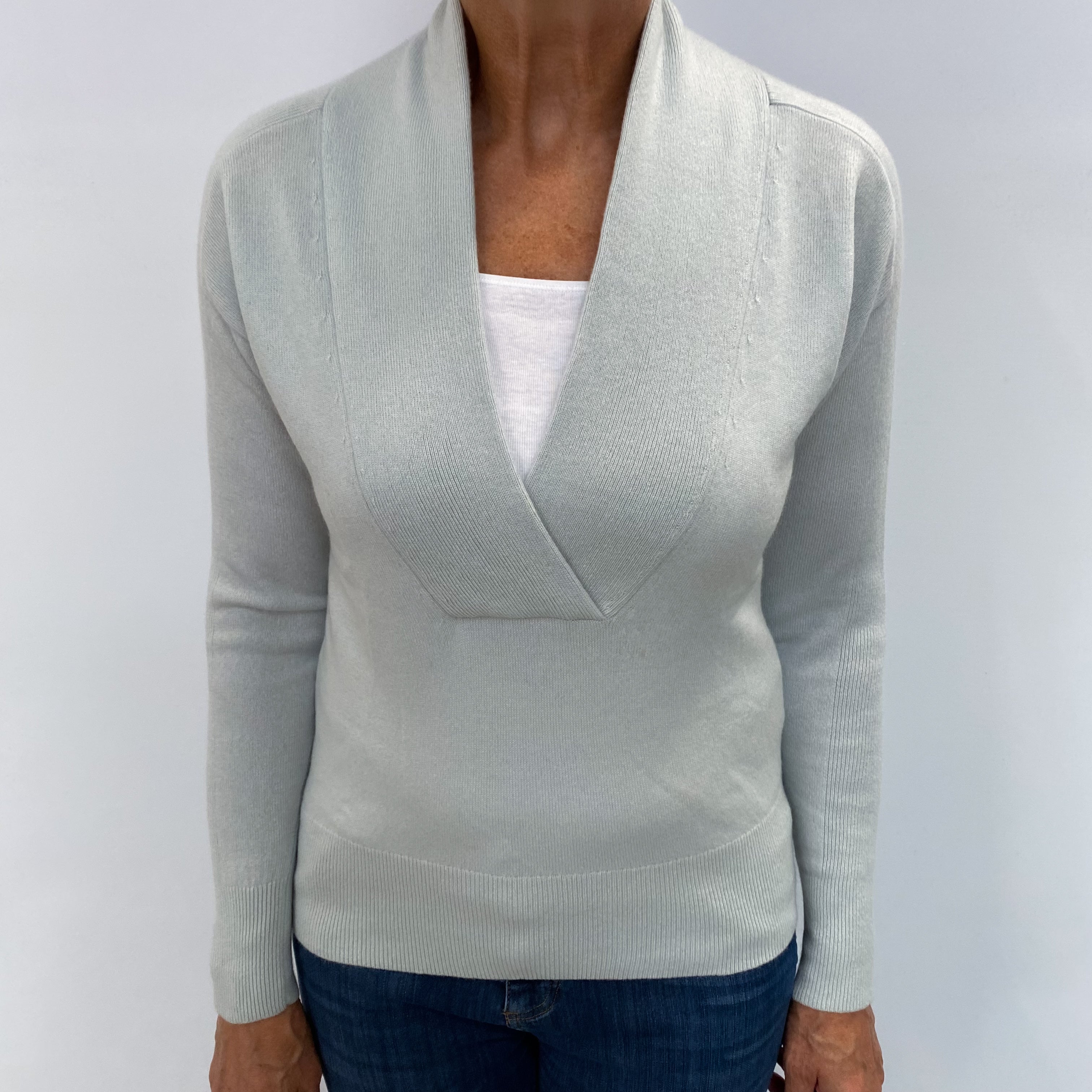Opal Green Cashmere Cross Over V Neck Jumper Medium