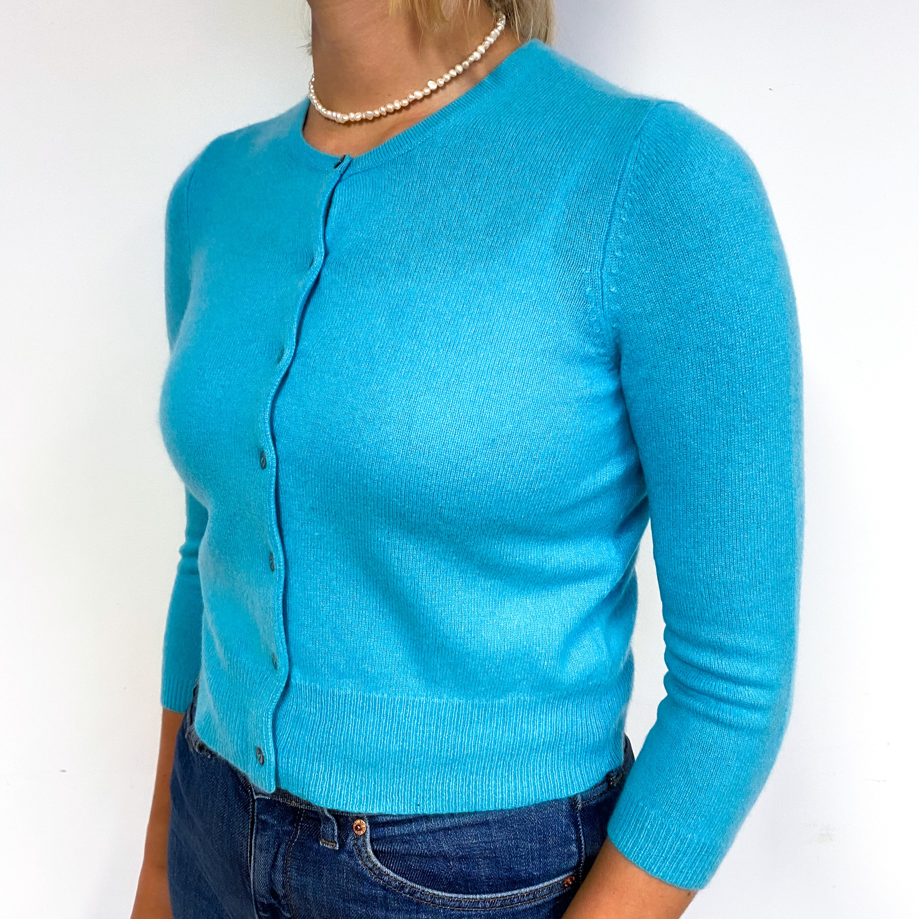 Turquoise Green Cropped Cashmere Crew Neck Cardigan Small