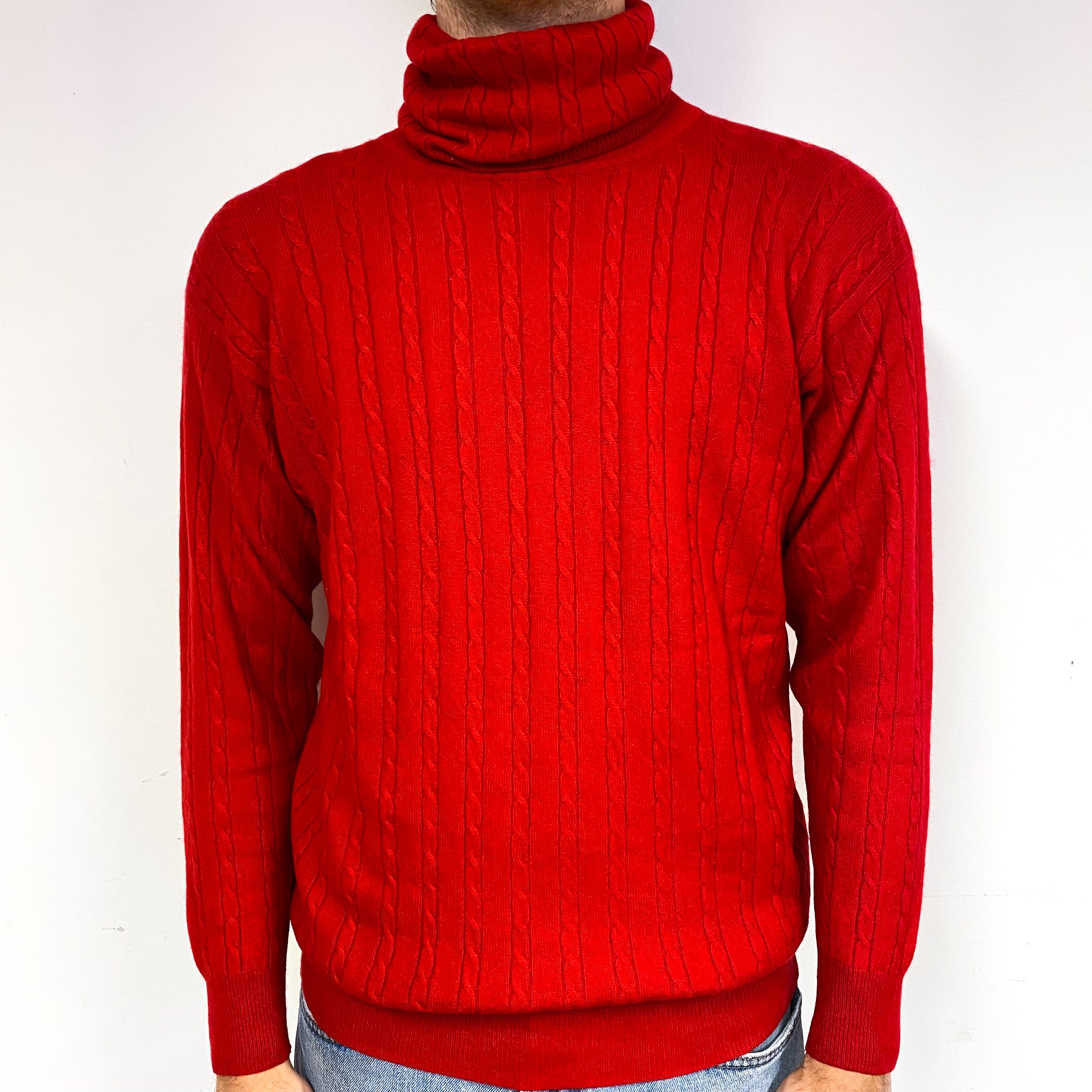 Men's Scarlet Red Cable Cashmere Polo Neck Jumper Large
