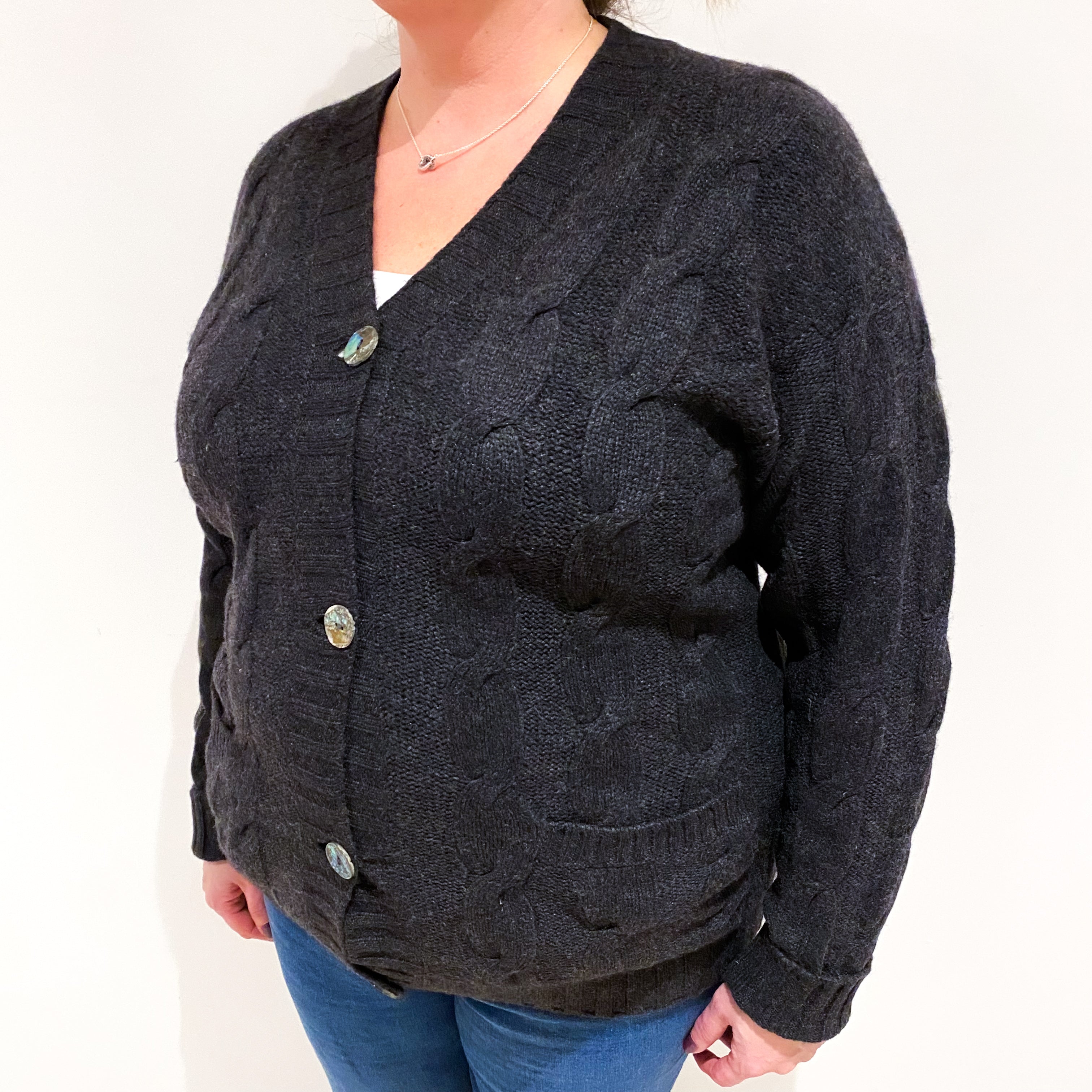 Charcoal Grey Chunky Cashmere V Neck Cardigan Extra Large