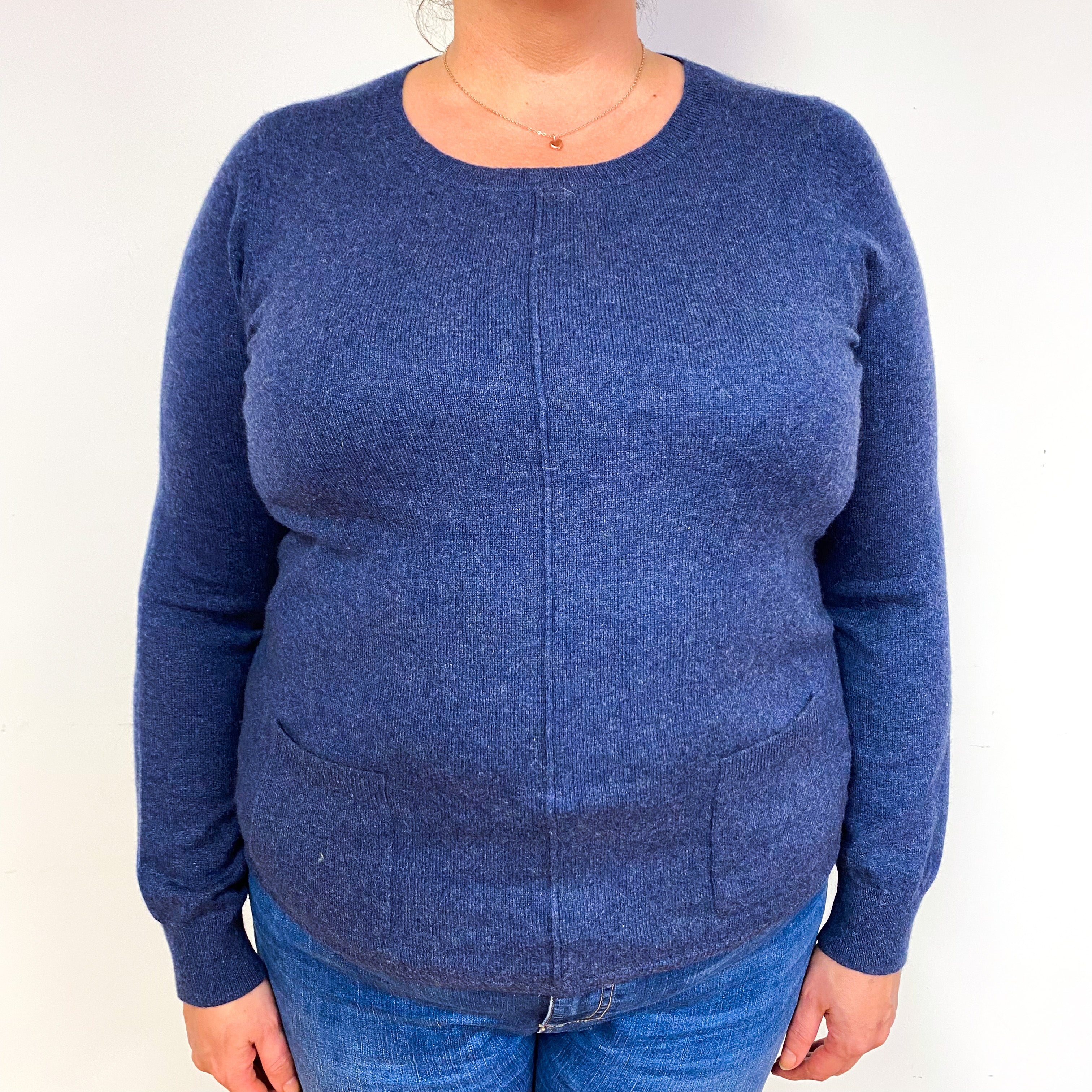 Naval Blue Cashmere Crew Neck Jumper with Pockets Extra Large