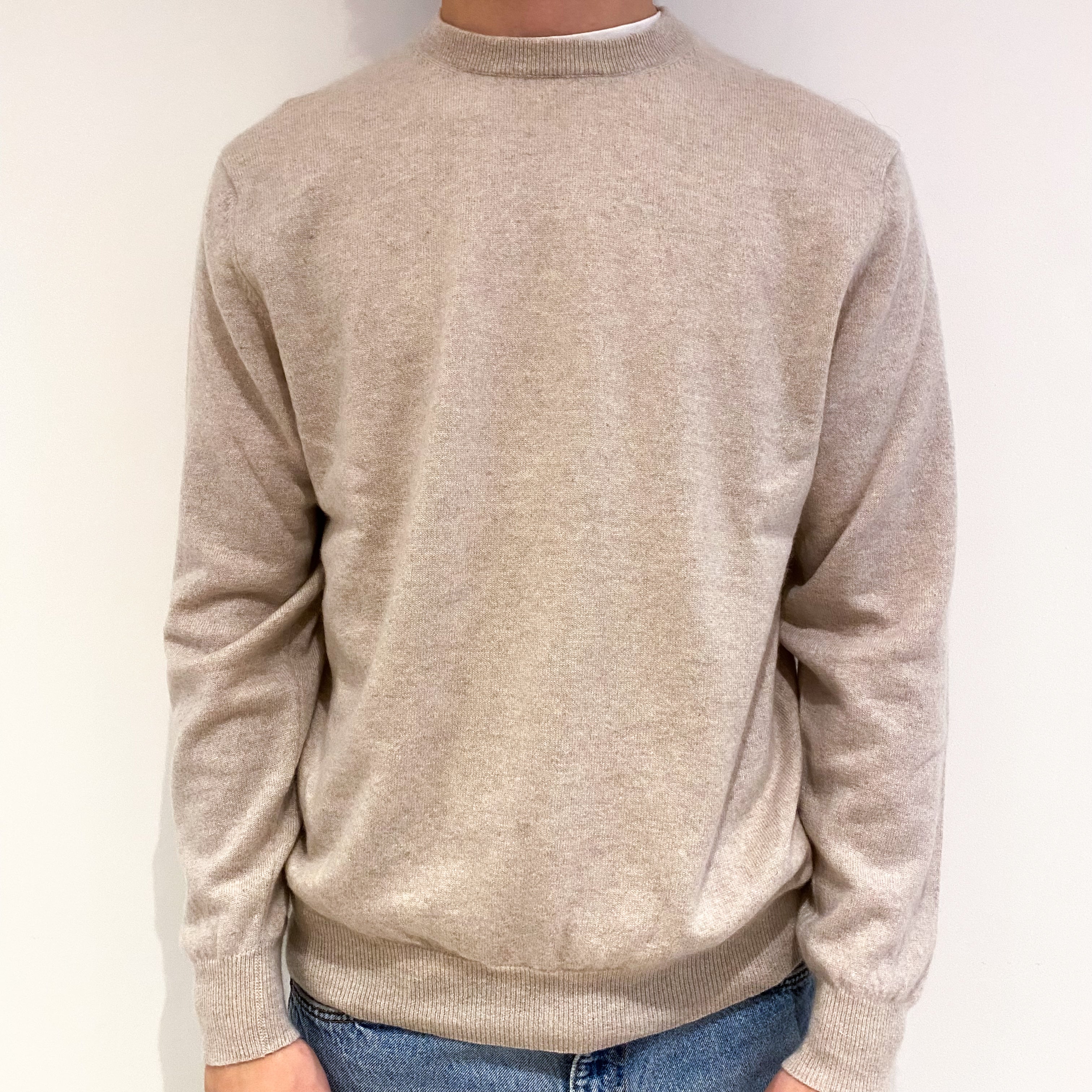 Men's Oatmeal Cashmere Crew Neck Jumper Medium