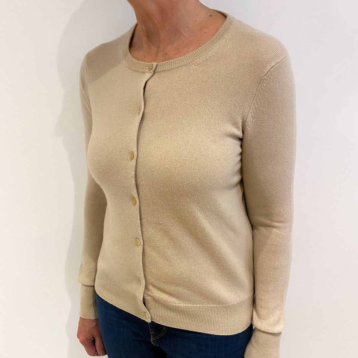 Sand Beige Cashmere Crew Neck Cardigan Medium