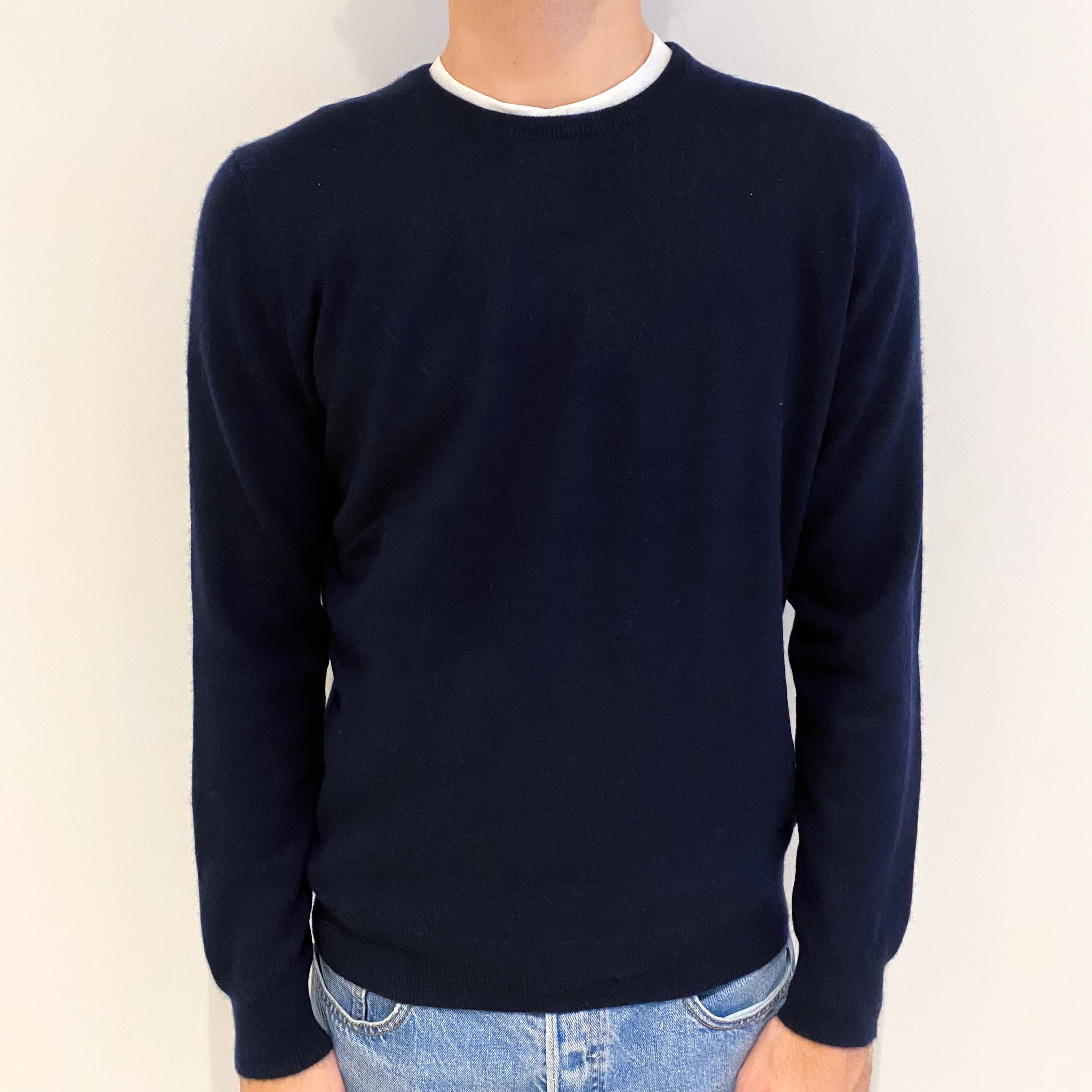 Men's Navy Blue Cashmere Crew Neck Jumper Large
