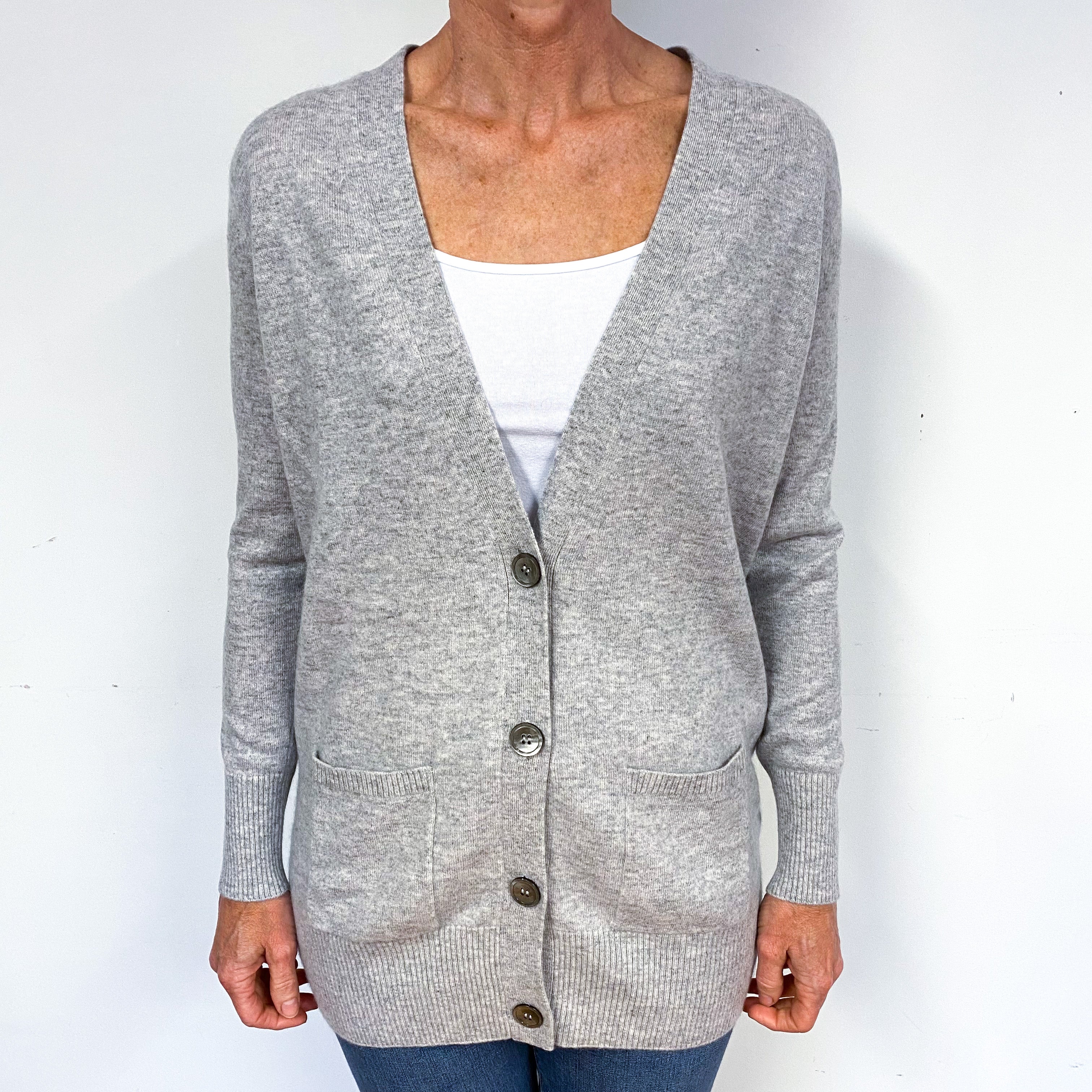 Smoke Grey Longline Cashmere V-Neck Cardigan Medium