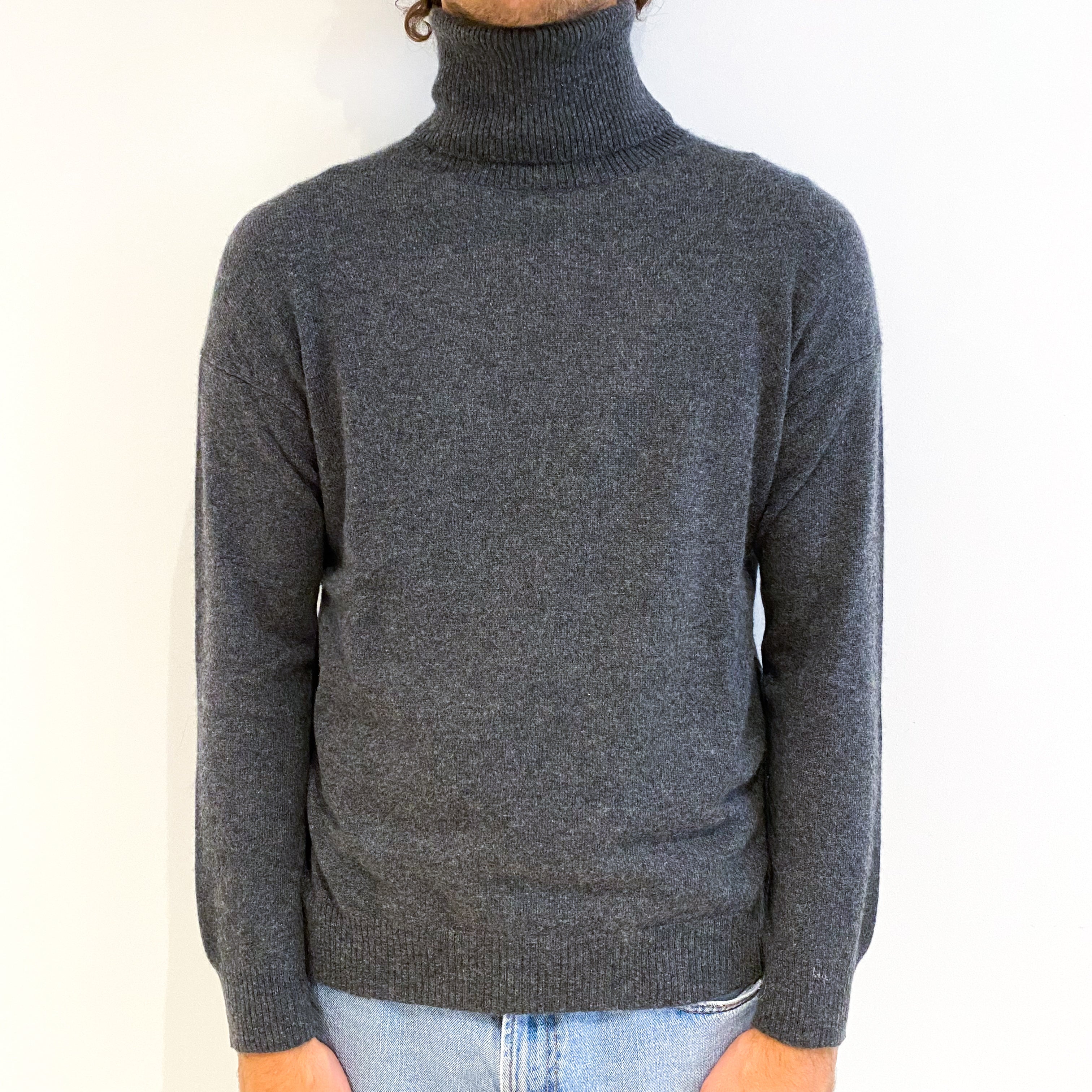 Men's Slate Grey Cashmere Polo Neck Jumper Large