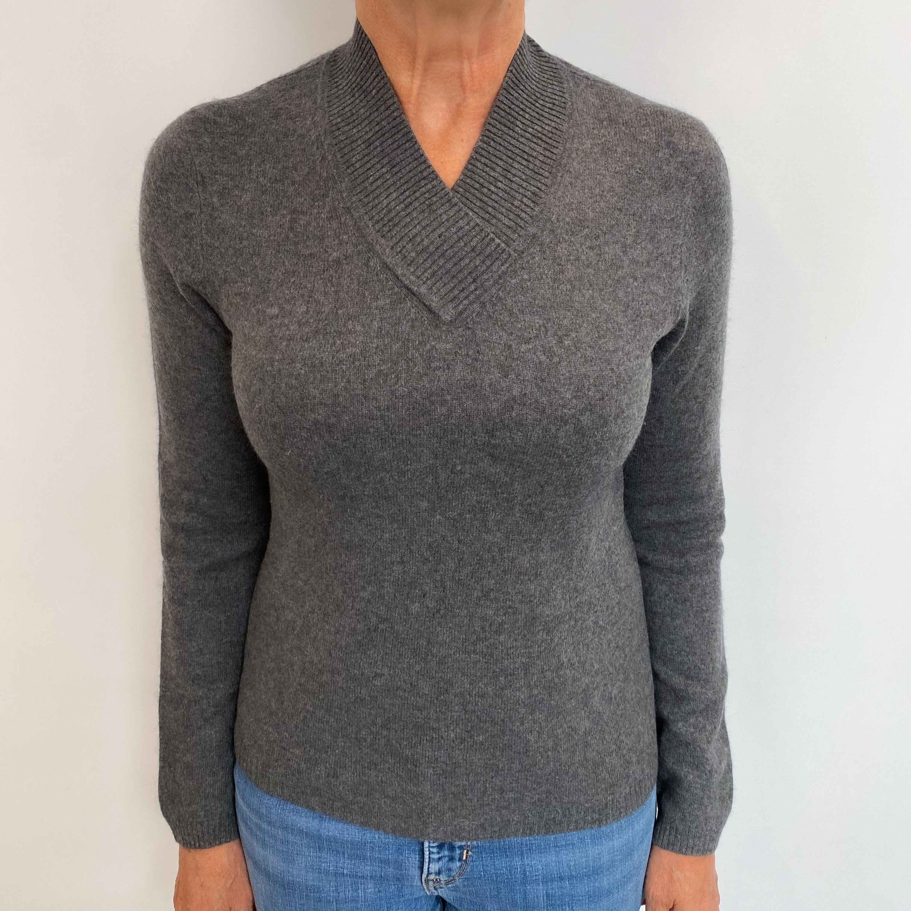 Slate Grey Cashmere V Neck Jumper Medium