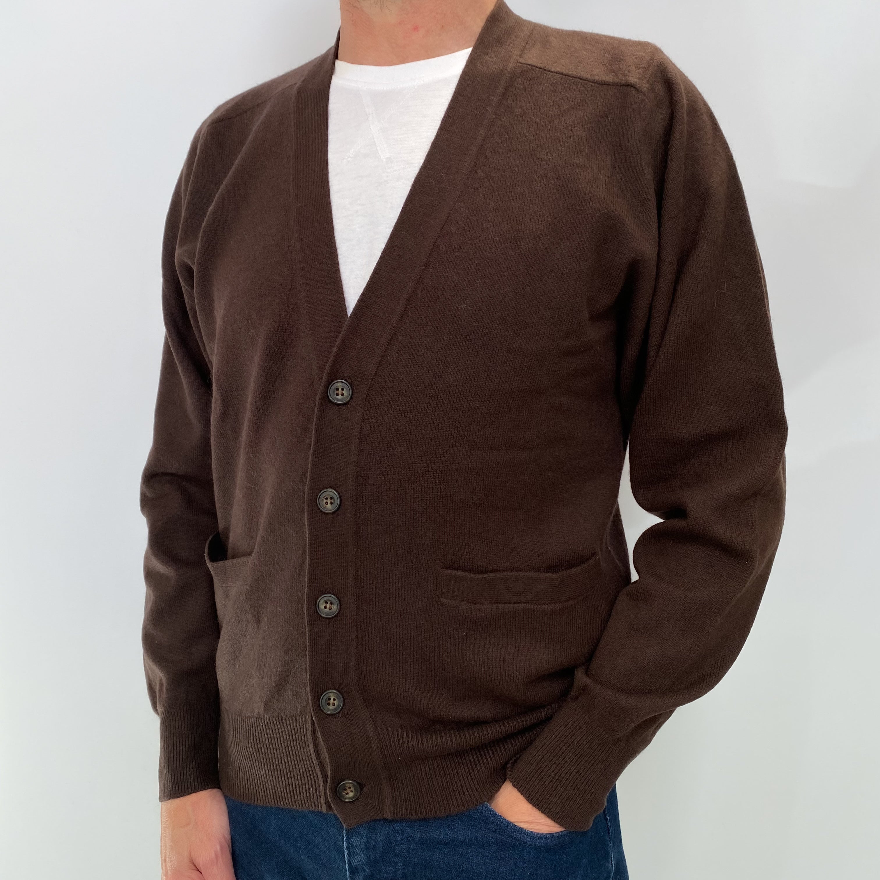 Chocolate Browm Men's Cashmere V Neck Cardigan Small