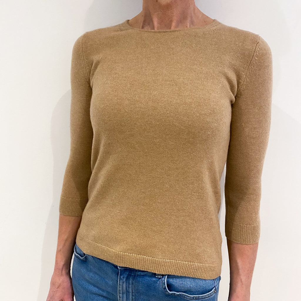 Camel Brown Cashmere Crew Neck Jumper with Back Neck Opening m Small