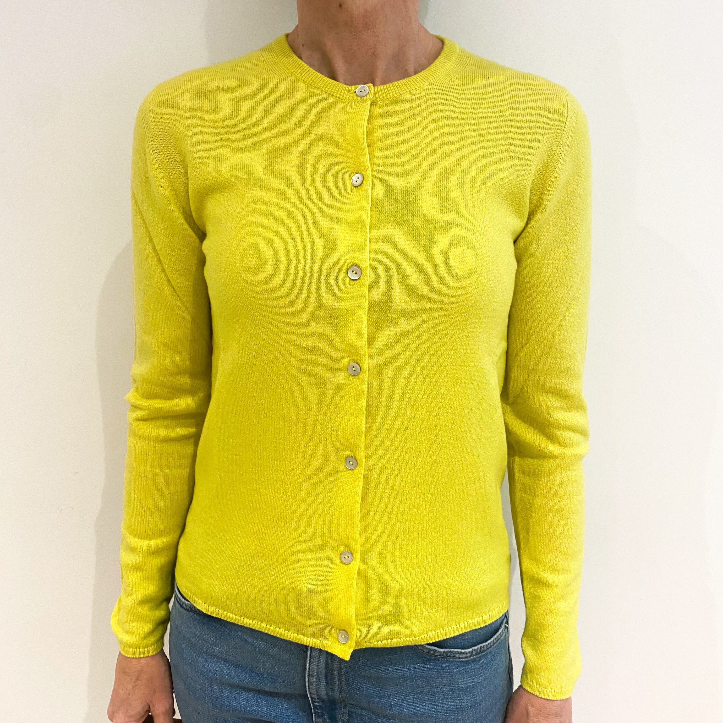 Scottish Neon Yellow Cashmere Crew Neck Cardigan Small