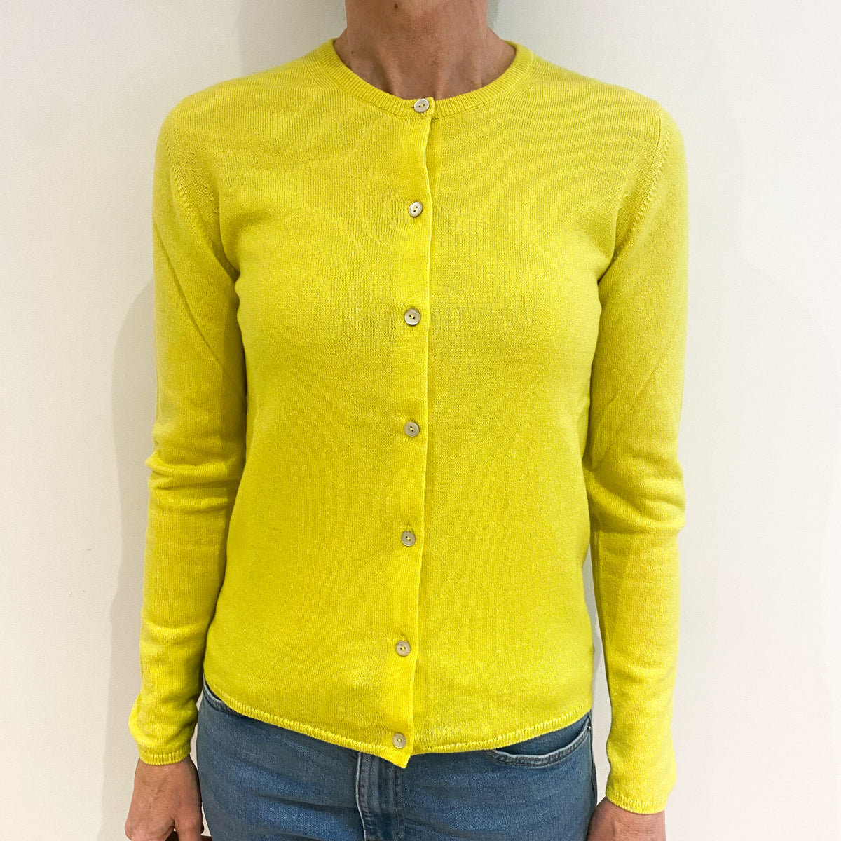 Scottish Neon Yellow Cashmere Crew Neck Cardigan Small