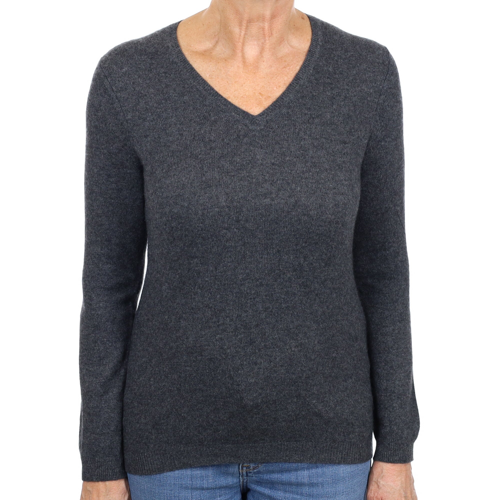 Charcoal Grey Cashmere V Neck Jumper Medium